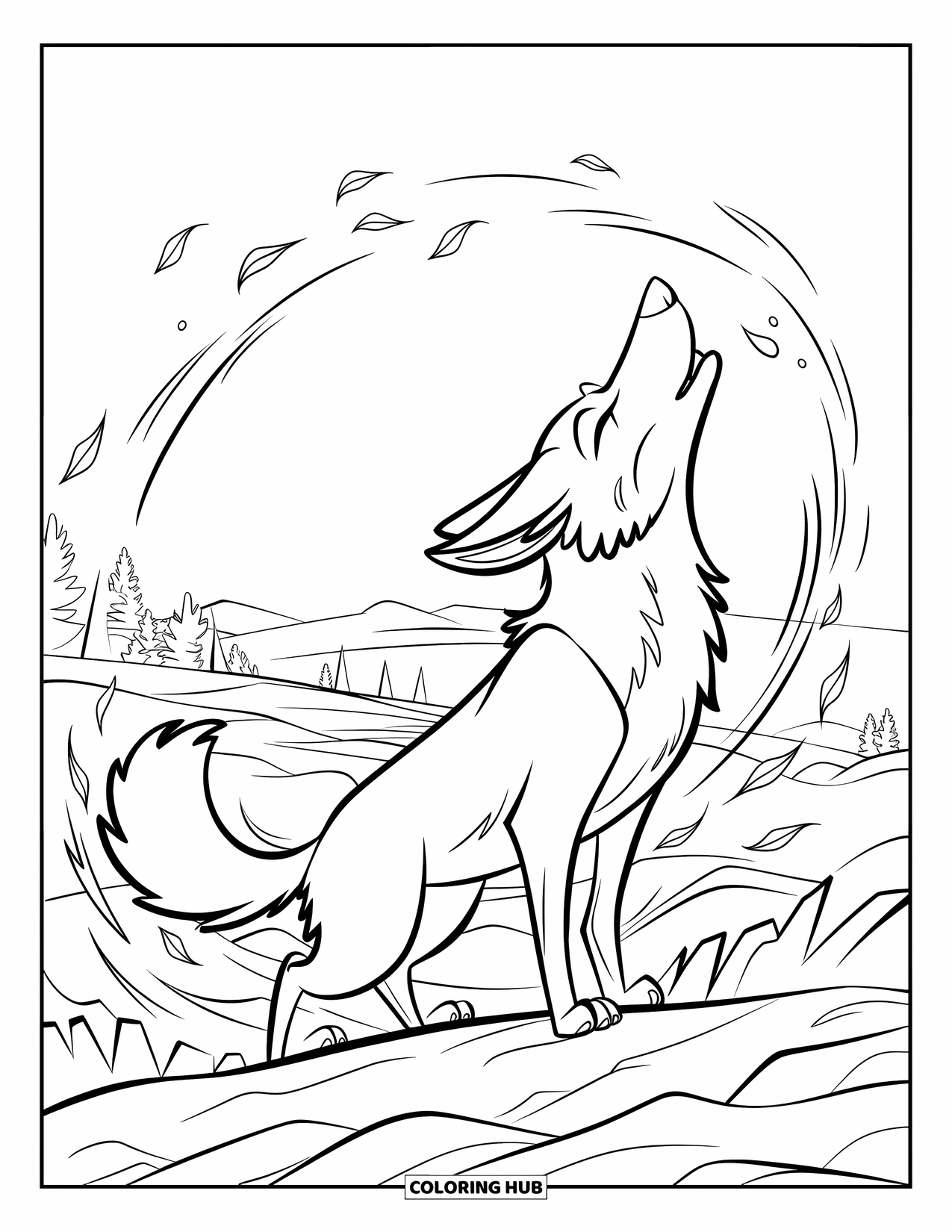 Coyote Coloring Page for Kids: Coyote howls with swirling wind, trees, and mountain landscape behind