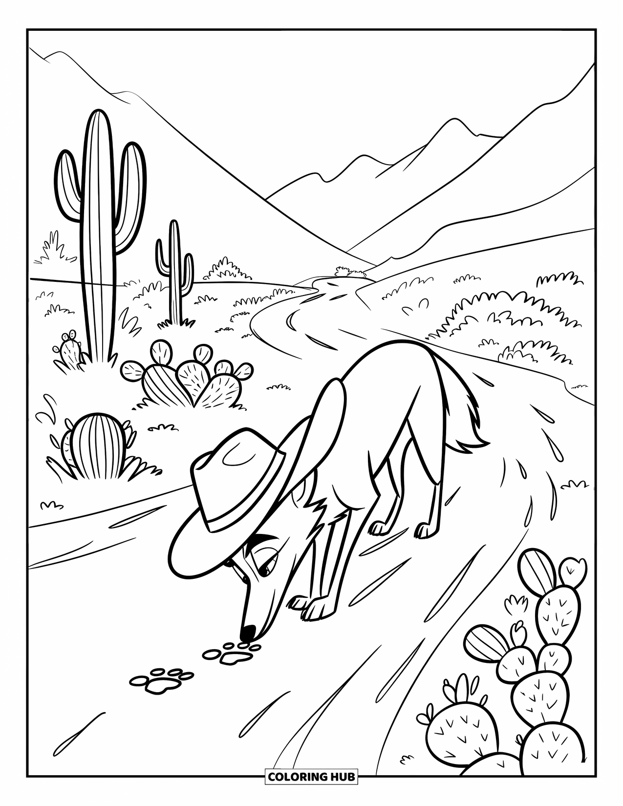 Coyote Coloring Page for Kids: Coyote in a cowboy hat follows paw prints through cactus-lined desert