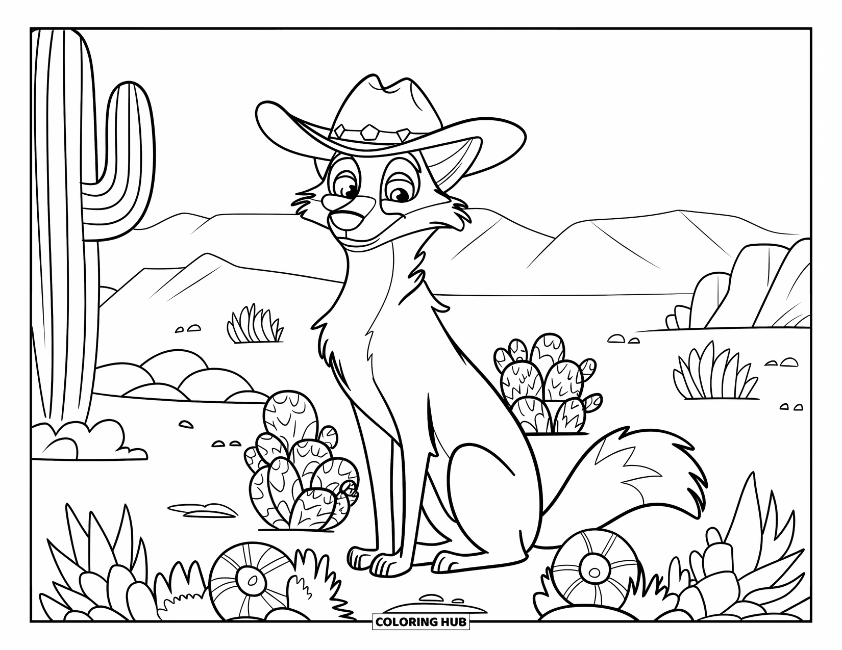 Coyote Coloring Page for Kids: Coyote in a cowboy hat rests among succulents and desert rocks