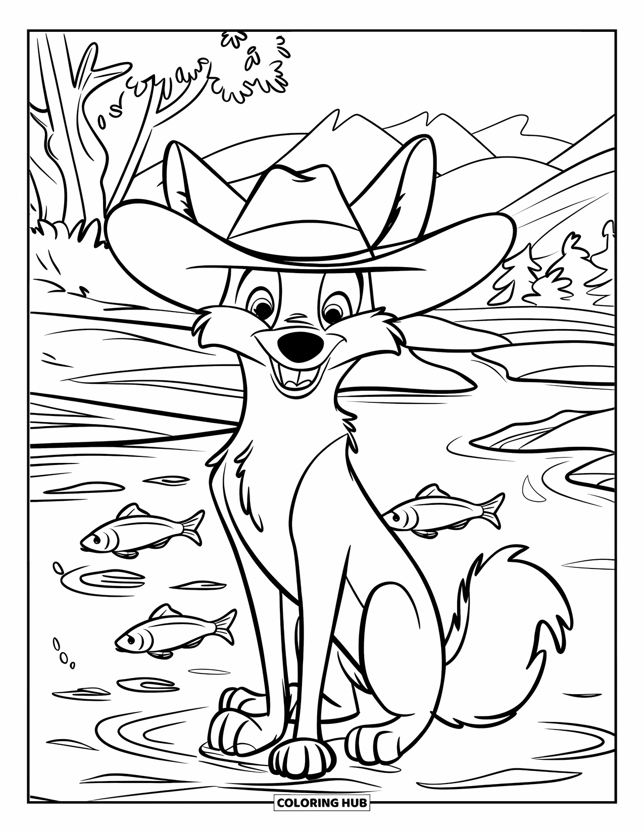 Coyote Coloring Page for Kids: Coyote in a cowboy hat smiles beside a river full of fish