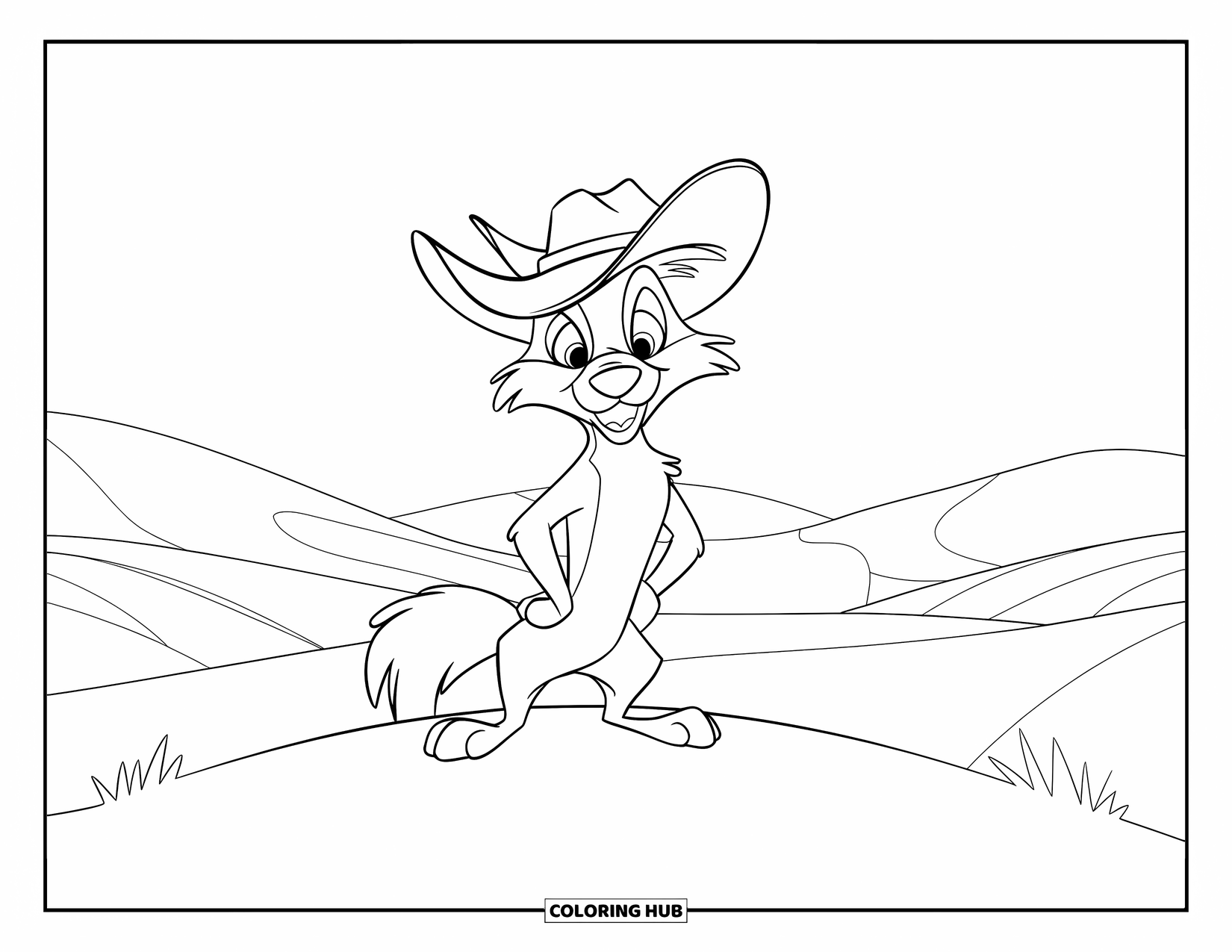 Coyote Coloring Page for Kids: Coyote in a cowboy hat smiles proudly on a peaceful hill