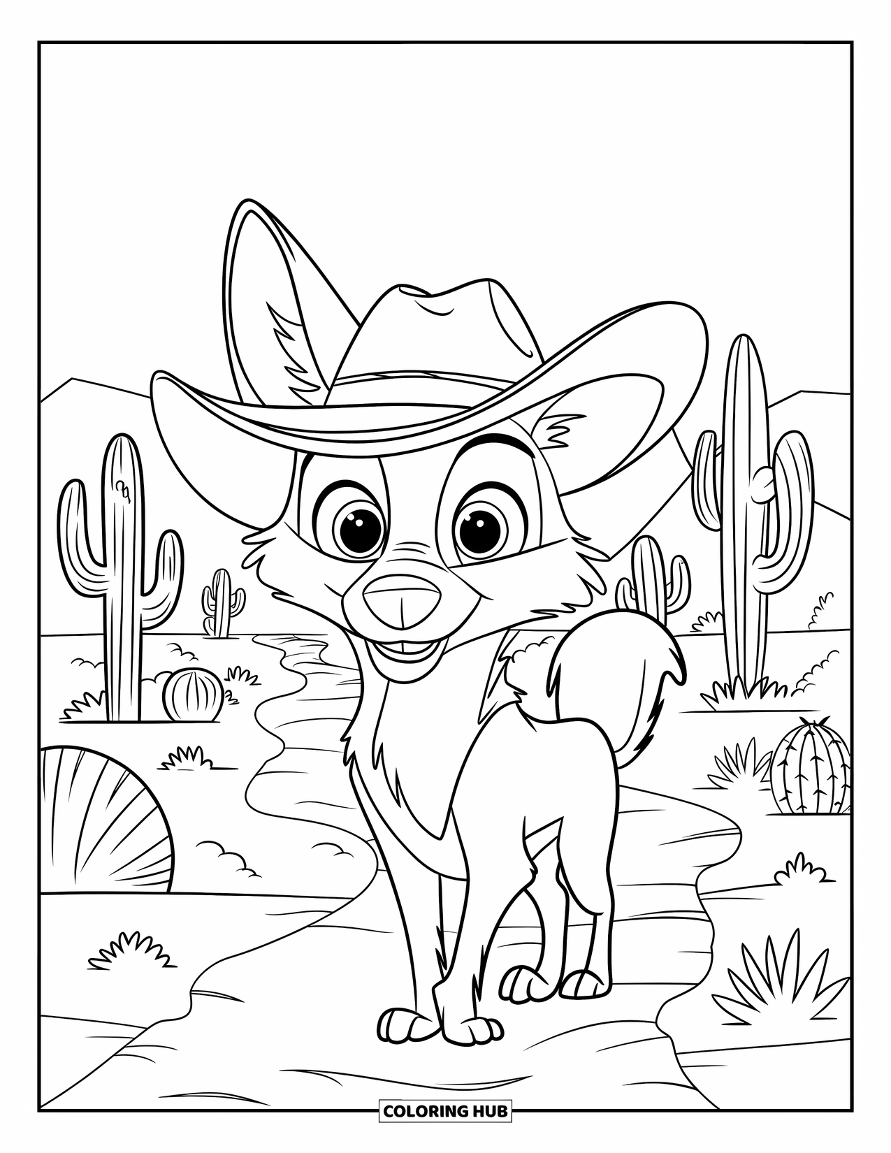 Coyote Coloring Page for Kids: Coyote in a cowboy hat stands alert on a sunny cactus trail
