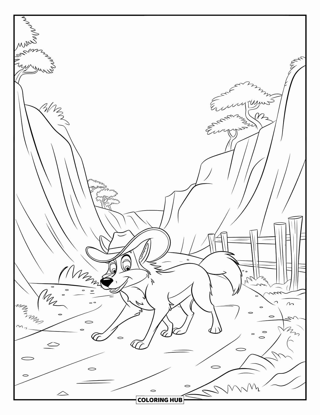 Coyote Coloring Page for Kids: Coyote in a cowboy hat strolls through a quiet canyon