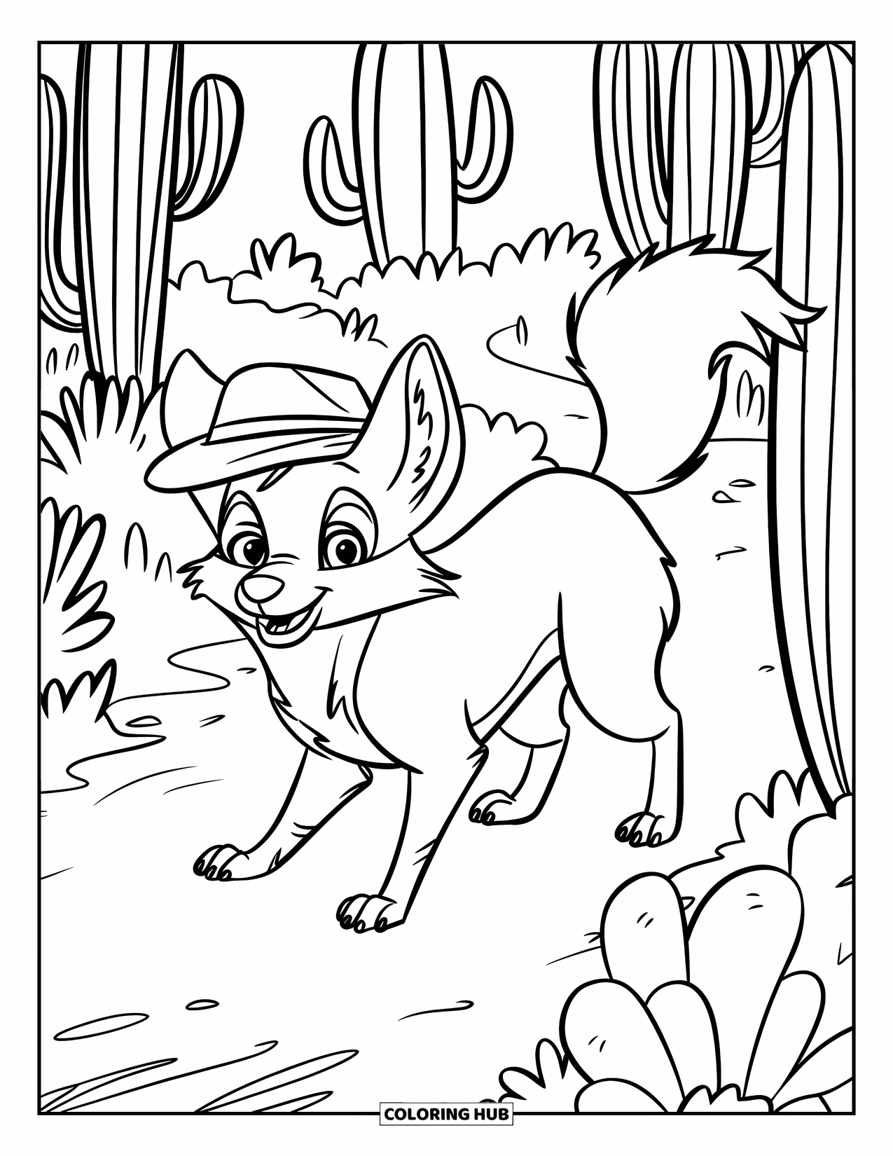 Coyote Coloring Page for Kids: Coyote in a small hat explores a cactus-lined desert path
