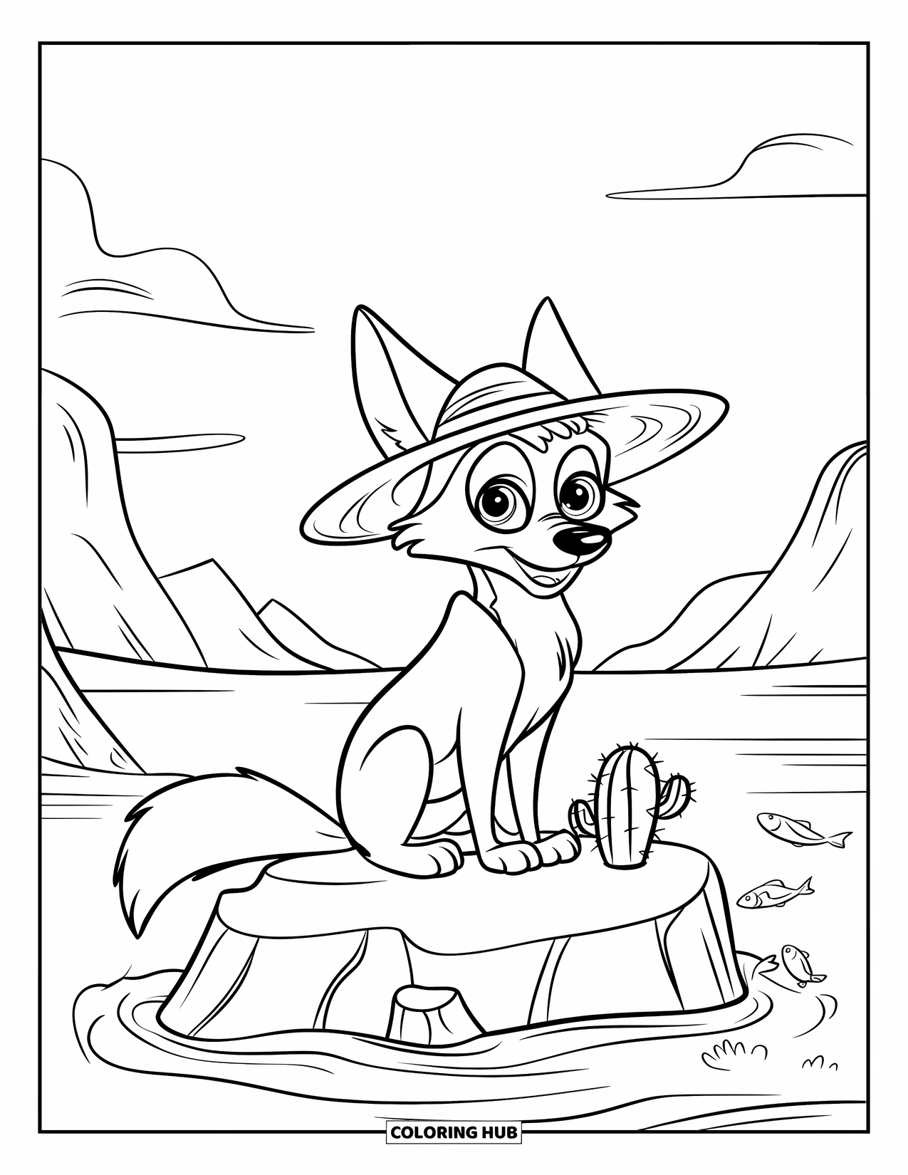 Coyote Coloring Page for Kids: Coyote in a straw hat sits on a rock near fish and mountains