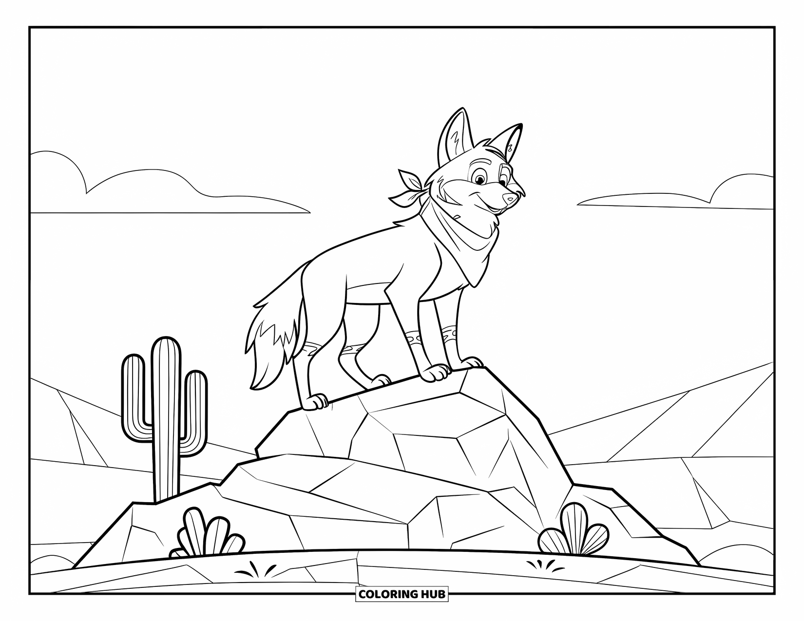Coyote Coloring Page for Kids: Coyote with a bandana stands on a boulder in a sunny desert