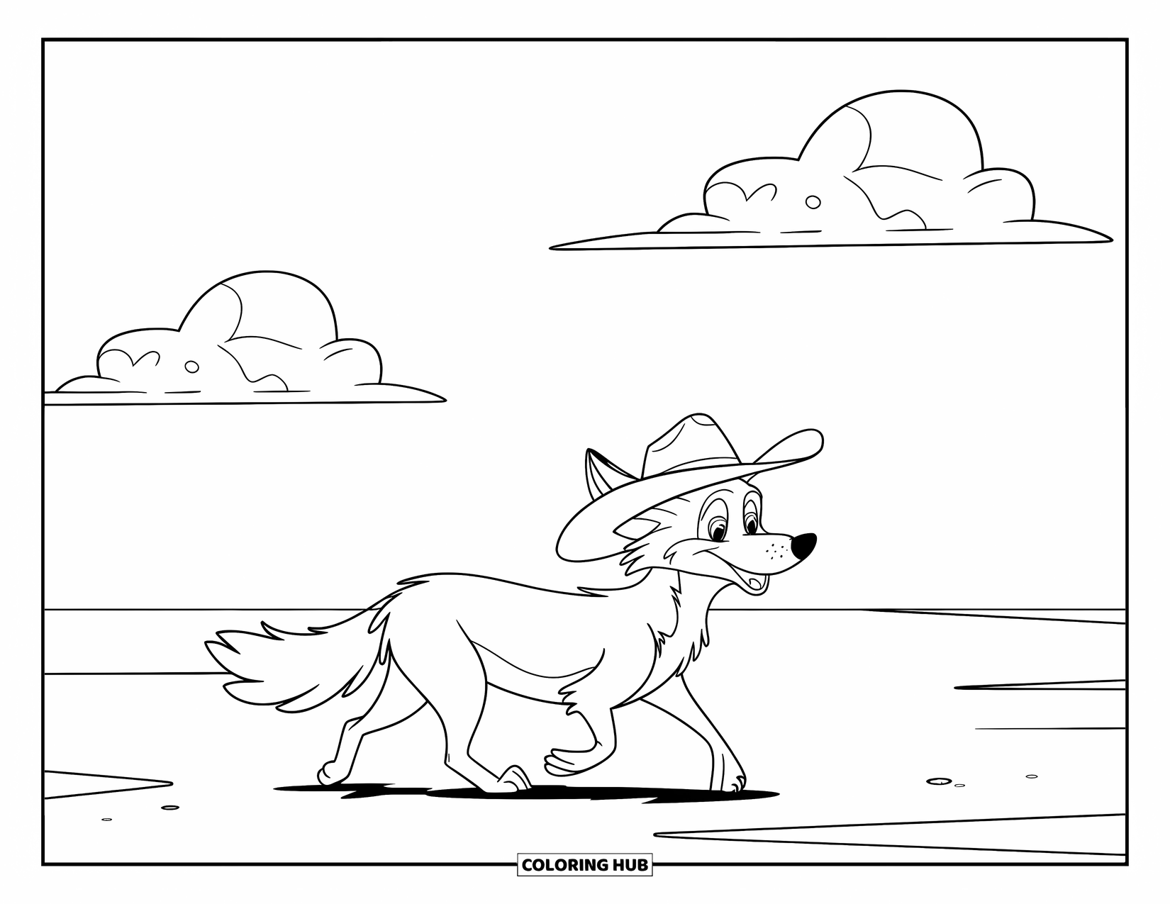Coyote Coloring Page for Kids: Coyote with a cowboy hat walks under two fluffy clouds
