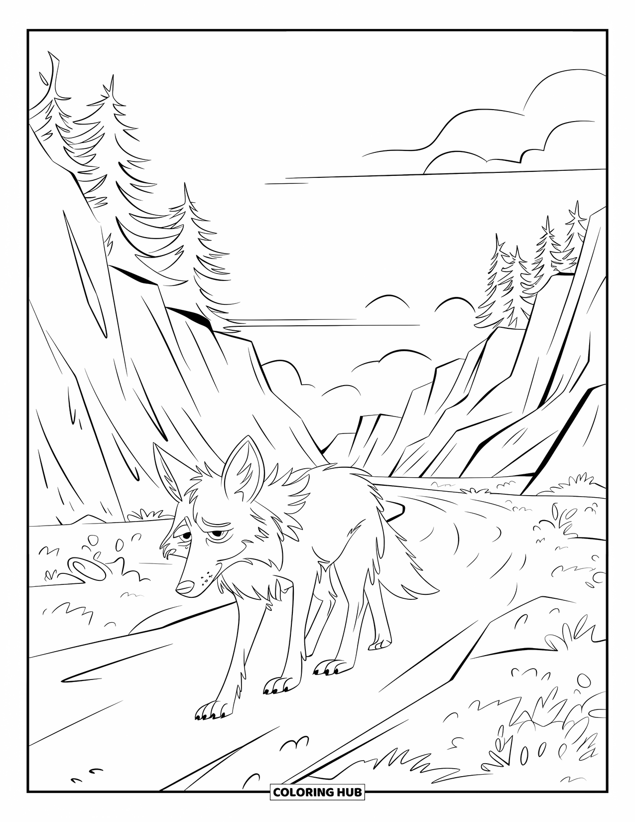 Coyote Coloring Page for Kids: Coyote with a tattered coat walks through a steep canyon path