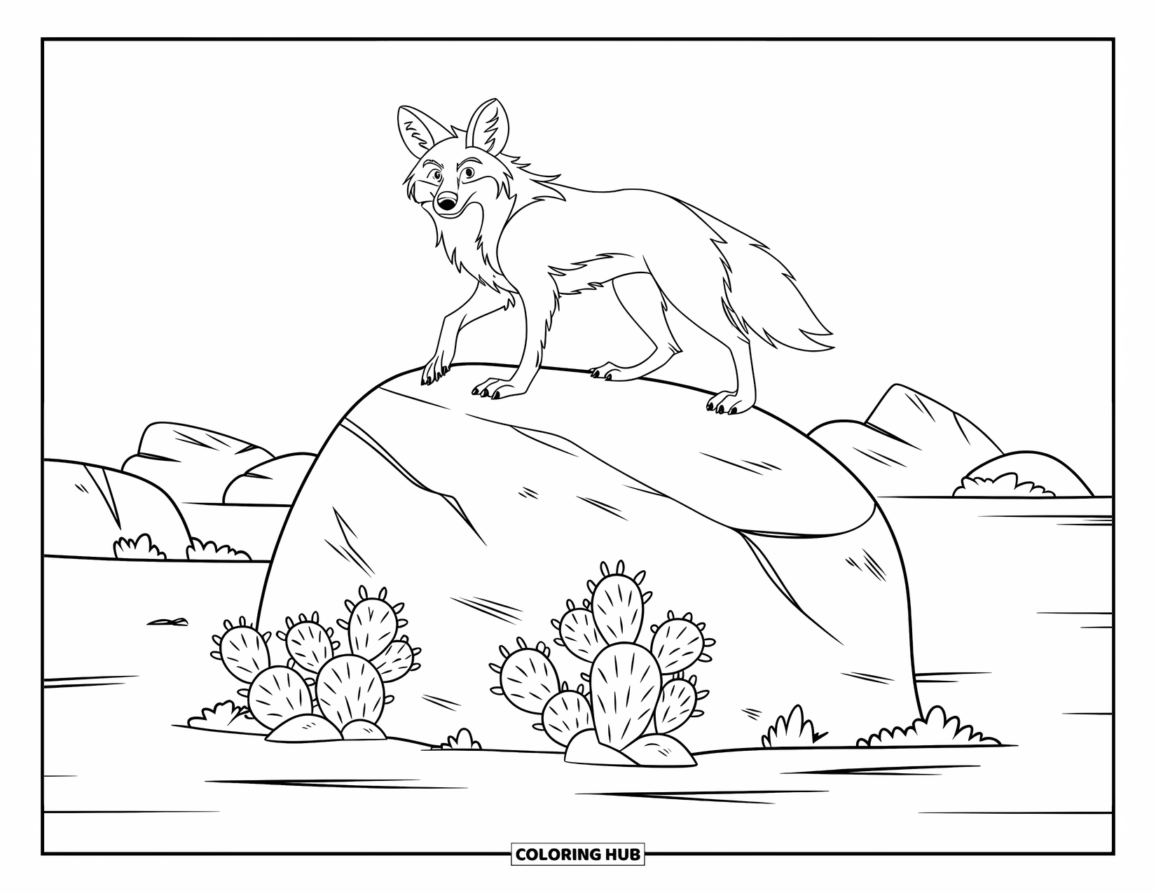 Coyote Coloring Page for Kids: Coyote with pointy ears and bushy tail stands on a rocky boulder