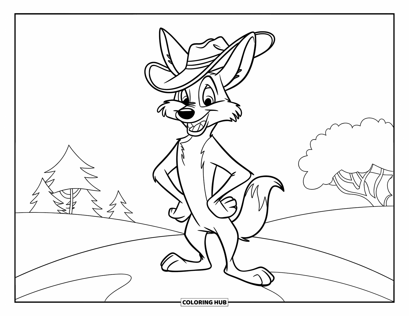 Coyote Coloring Page for Kids: Happy coyote in a sheriff hat stands on a hill with trees nearby
