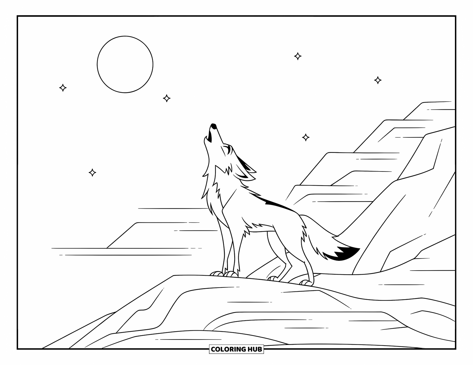Coyote Coloring Page for Kids: Howling coyote stands on rocky land with layered mountains behind