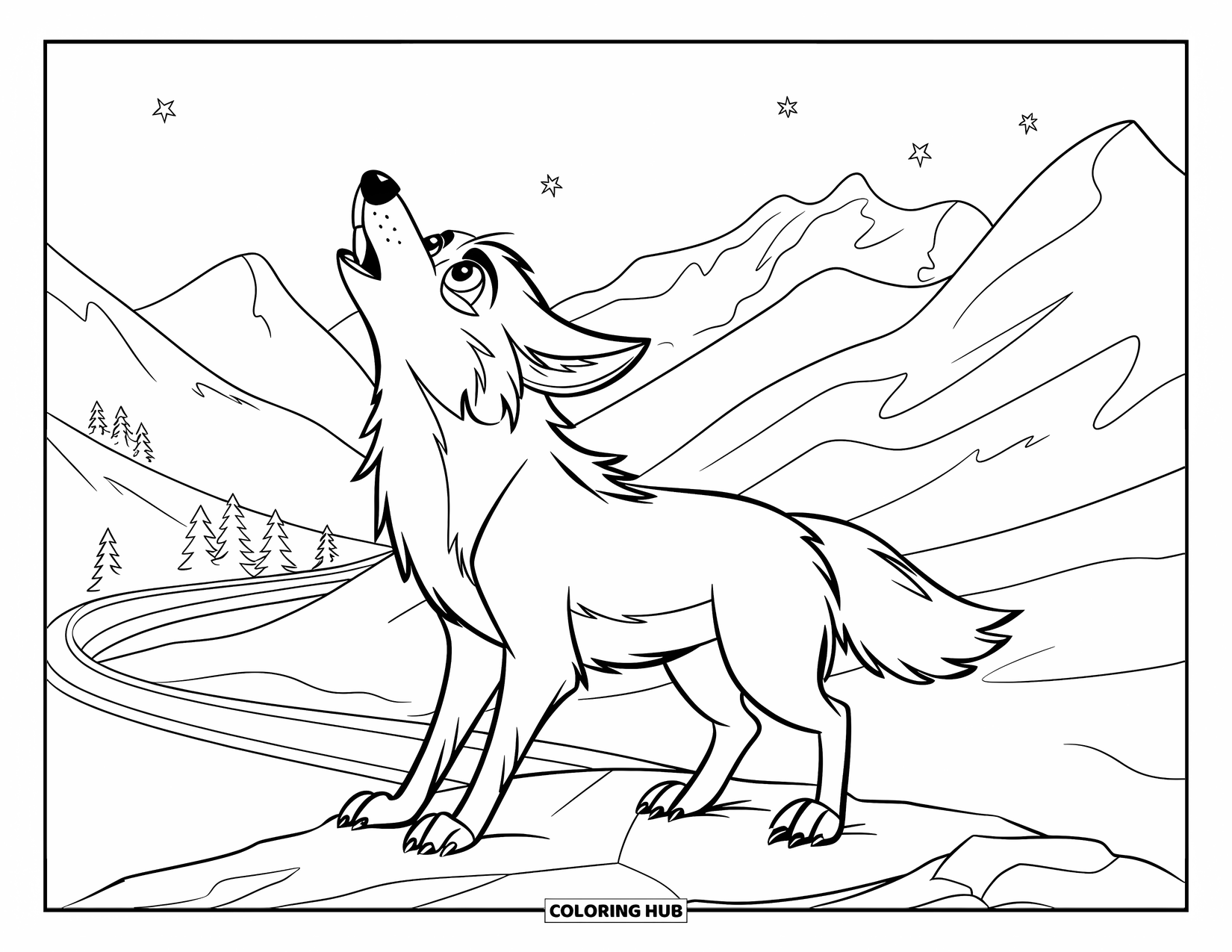 Coyote Coloring Page for Kids: Howling coyote stands on rocky land with trees and starry mountains