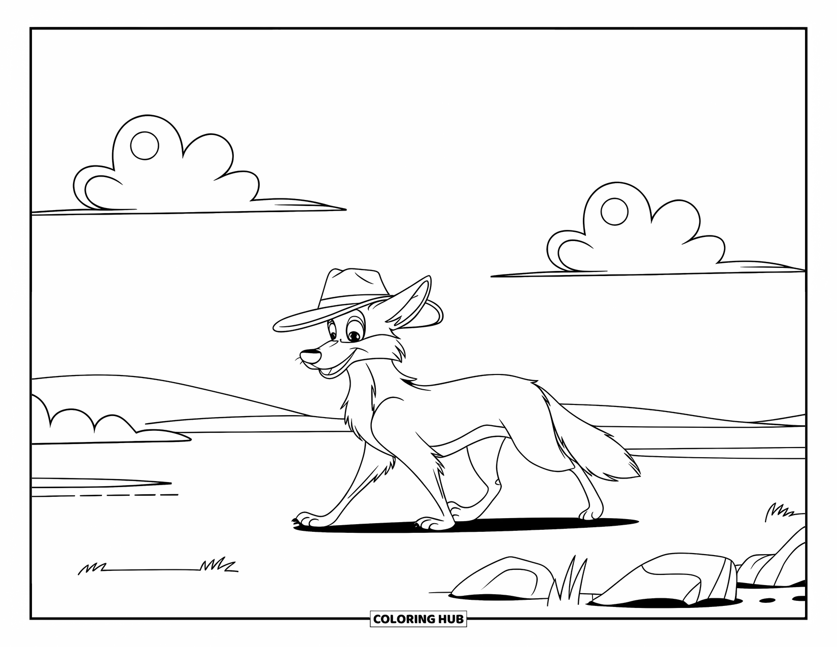 Coyote Coloring Page for Kids: Long-tailed coyote in a hat walks through a quiet rocky plain