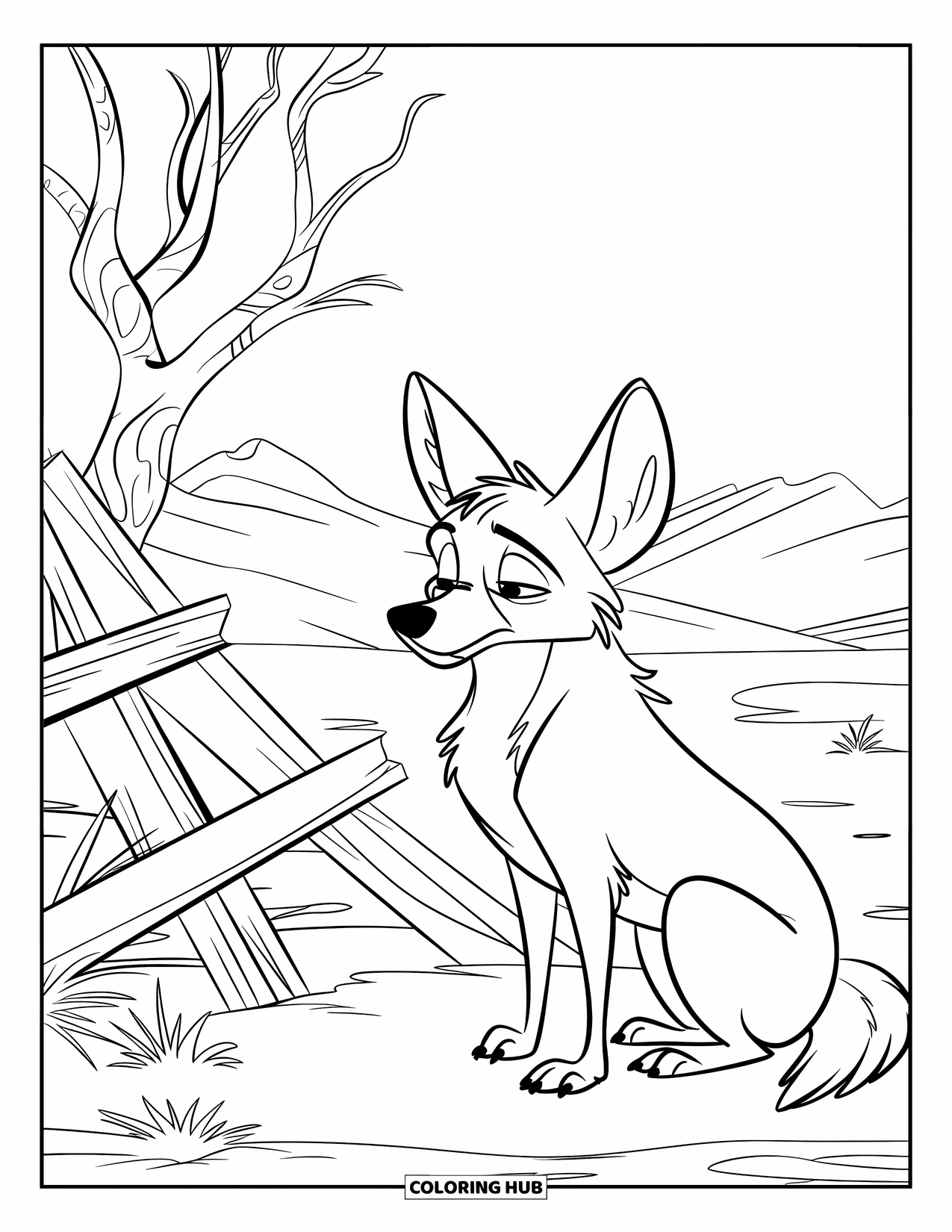 Coyote Coloring Page for Kids: Sad coyote sits near broken wood and distant mountains