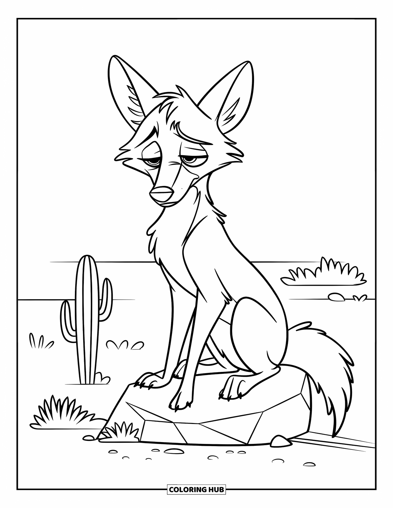 Coyote Coloring Page for Kids: Sad coyote sits on a desert rock with a tiny cactus nearby