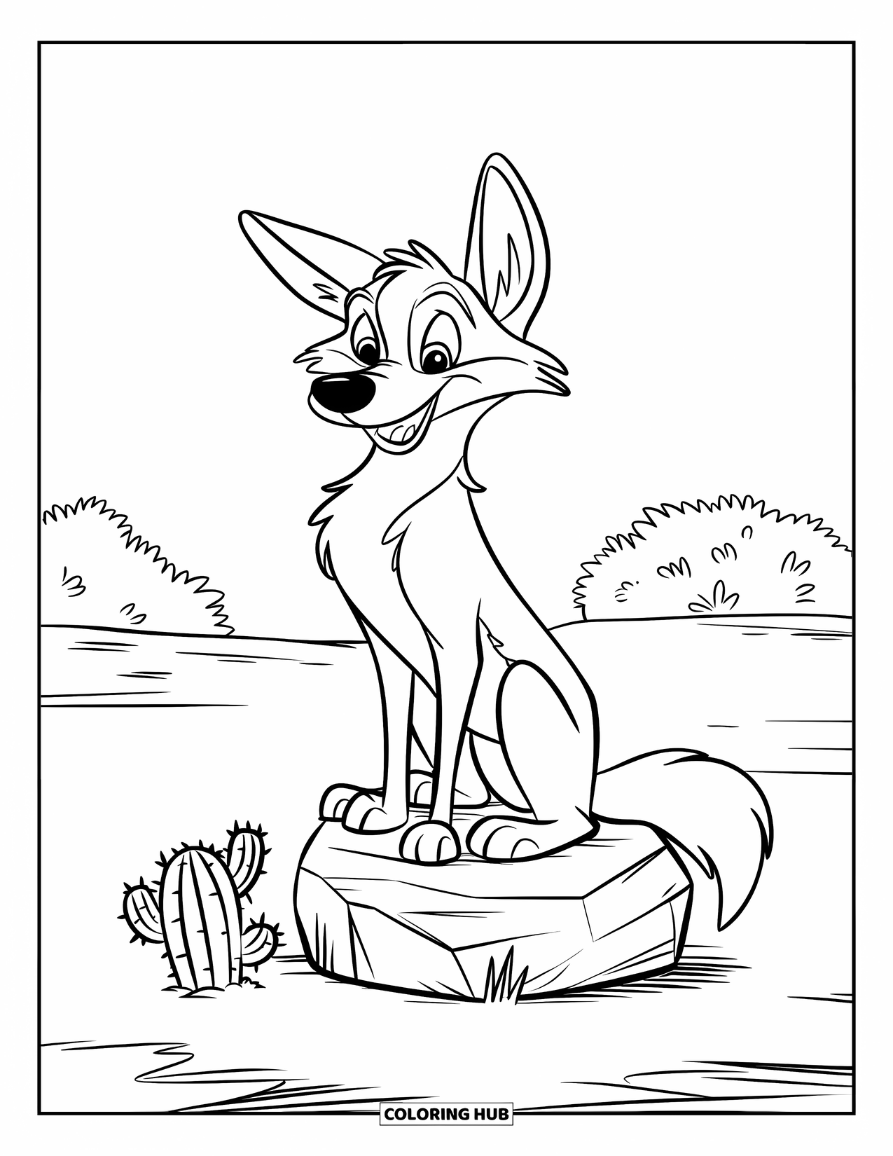 Coyote Coloring Page for Kids: Smiling coyote with a big nose sits on a rock near a small cactus
