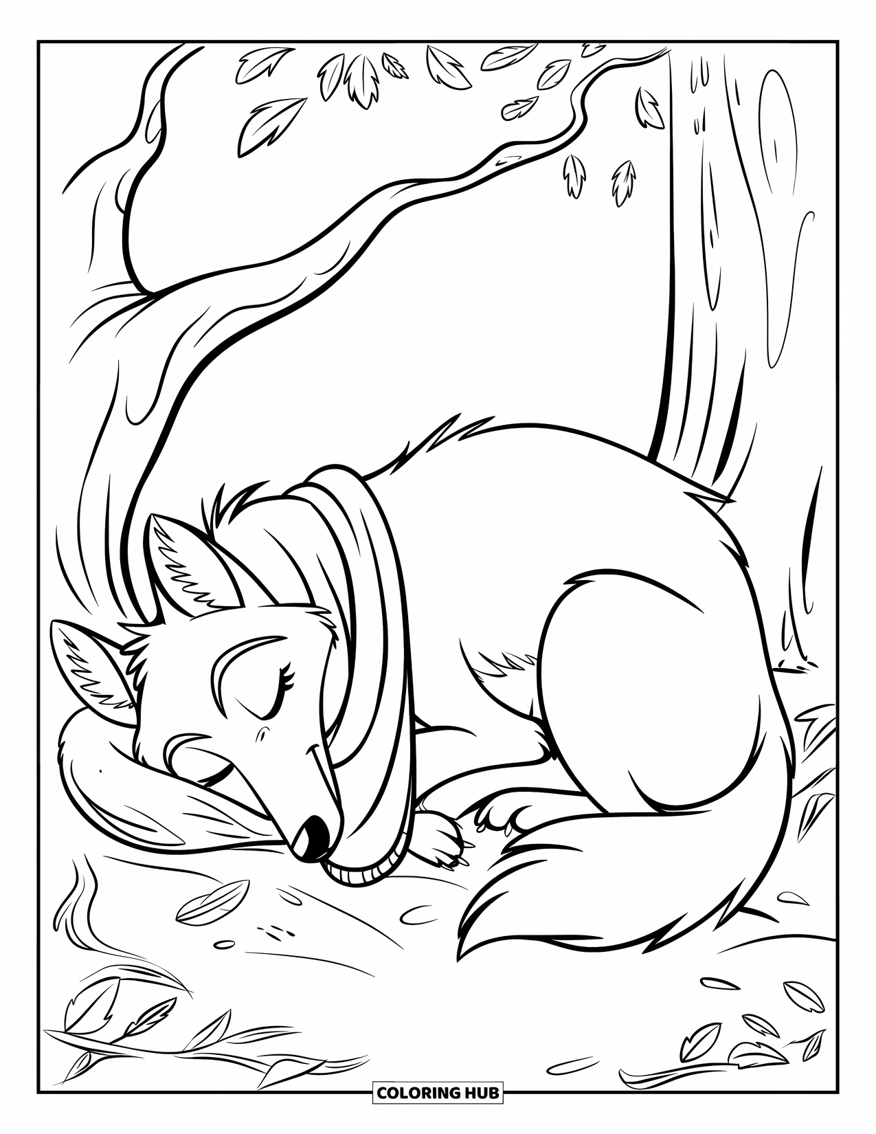 Coyote Coloring Page for Kids: Snuggled-up coyote with a scarf naps under a leafless tree