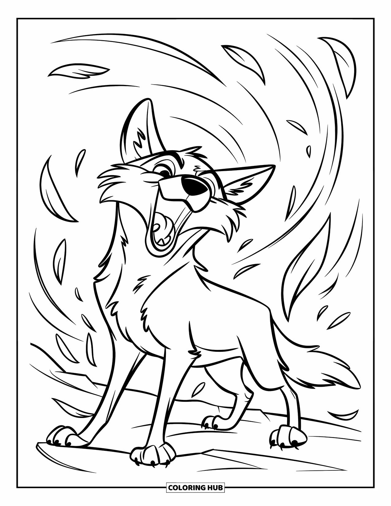 Coyote Coloring Page for Kids: Wild coyote howls in a windy forest scene