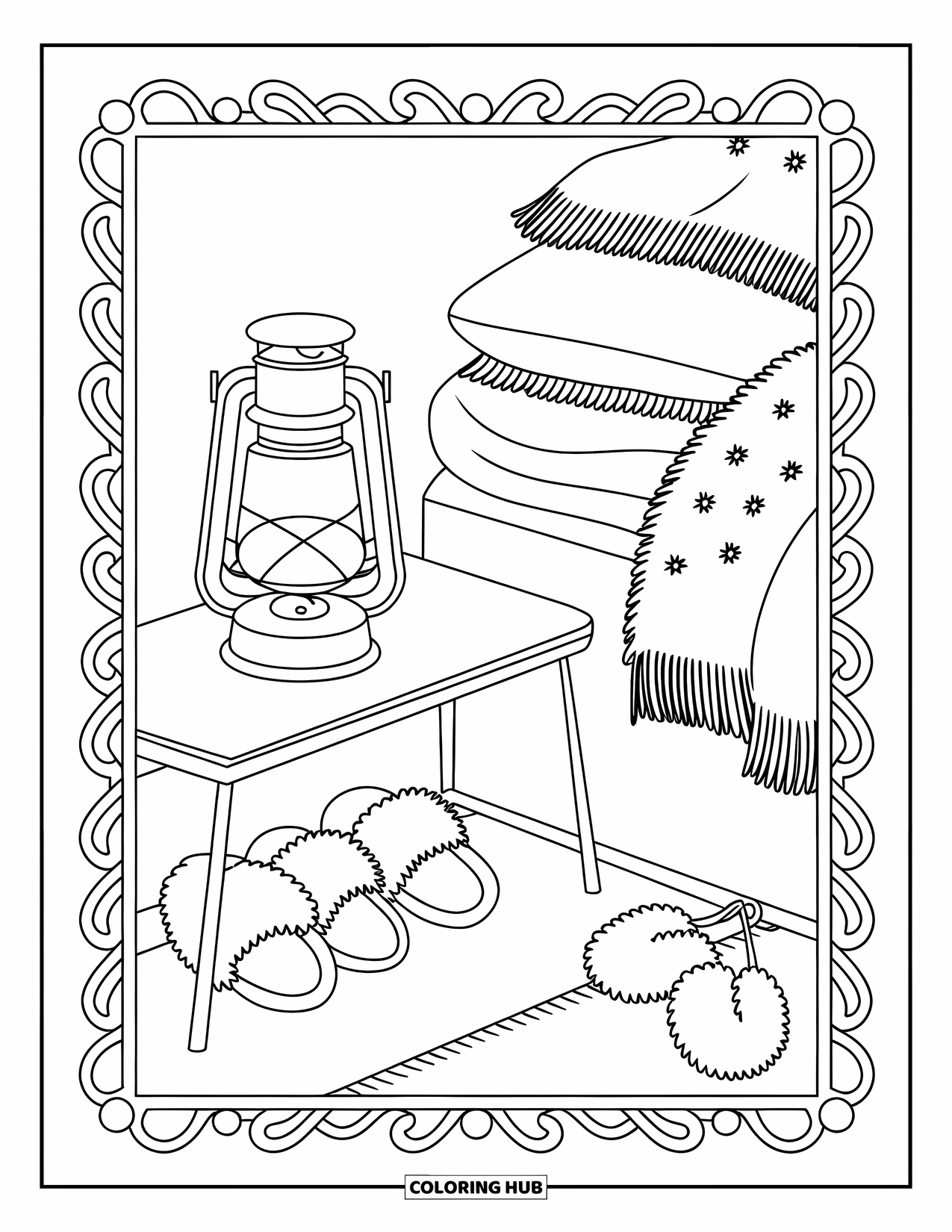Cozy Coloring Page for Adults: A bedroom corner with a lantern, layered throws, slippers, and fuzzy earmuffs