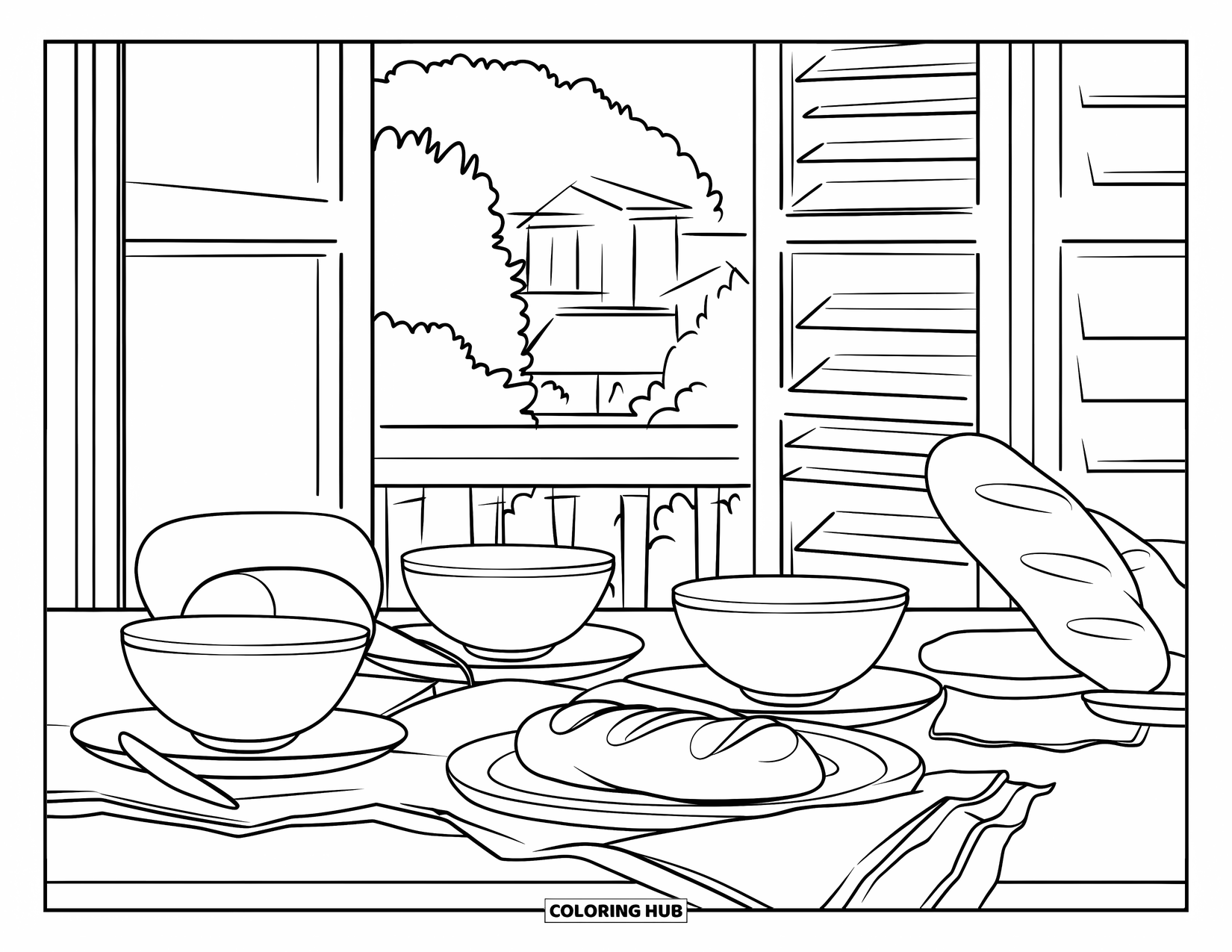 Cozy Coloring Page for Adults: A breakfast table with fresh bread, bowls, and sunlight streaming through wooden shutters