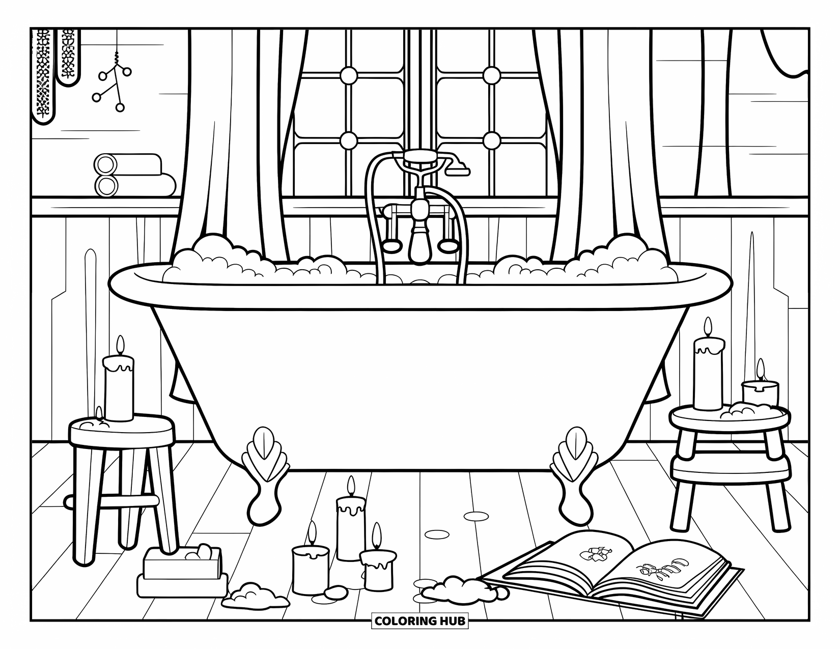 Cozy Coloring Page for Adults: A clawfoot tub with bubbles, candles, a book, and rustic room charm