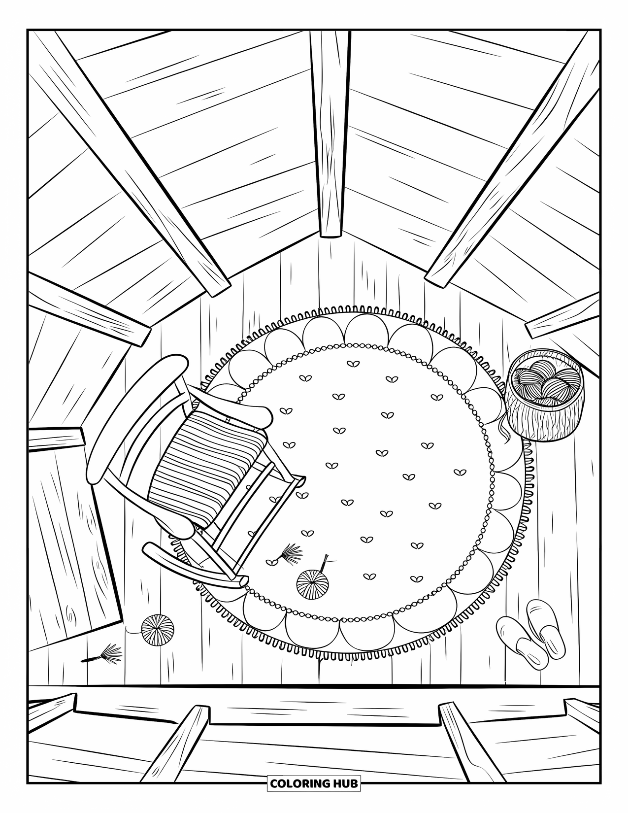Cozy Coloring Page for Adults: A cozy cabin loft with a rug, rocking chair, yarn basket, and slippers