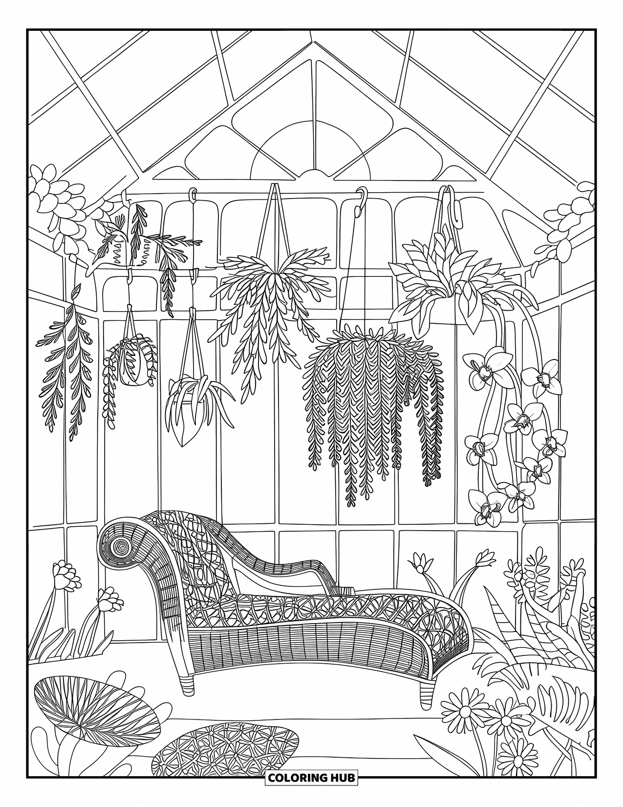 Cozy Coloring Page for Adults: A cozy glass-roofed conservatory with ferns, orchids, and a wicker chaise lounge
