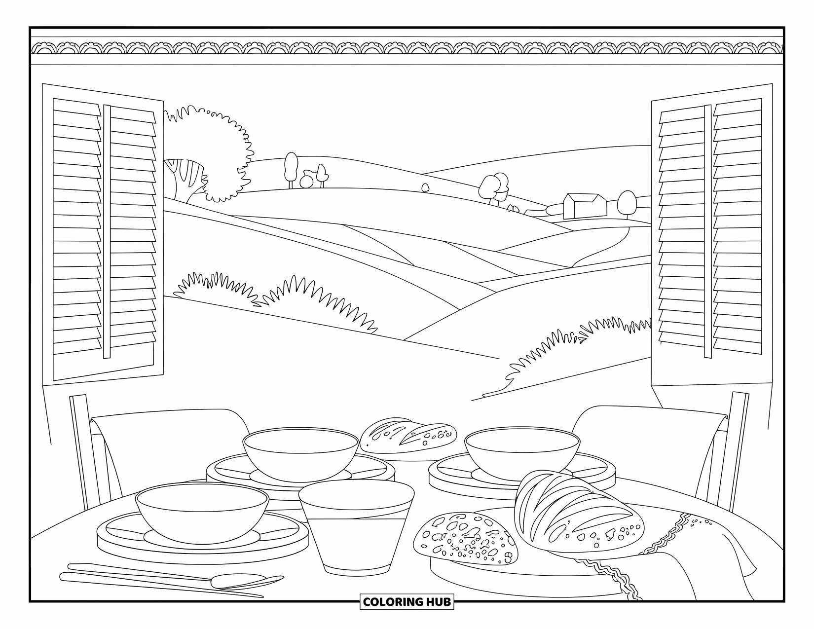 Cozy Coloring Page for Adults: A cozy morning table with bread, bowls, linen napkin, and distant hills in view