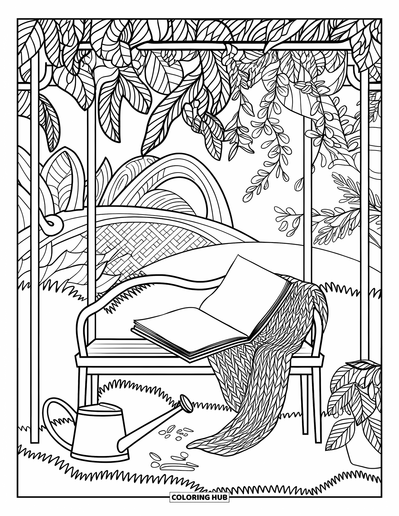 Cozy Coloring Page for Adults: A garden nook with a bench, shawl, watering can, and book beneath a leafy pergola