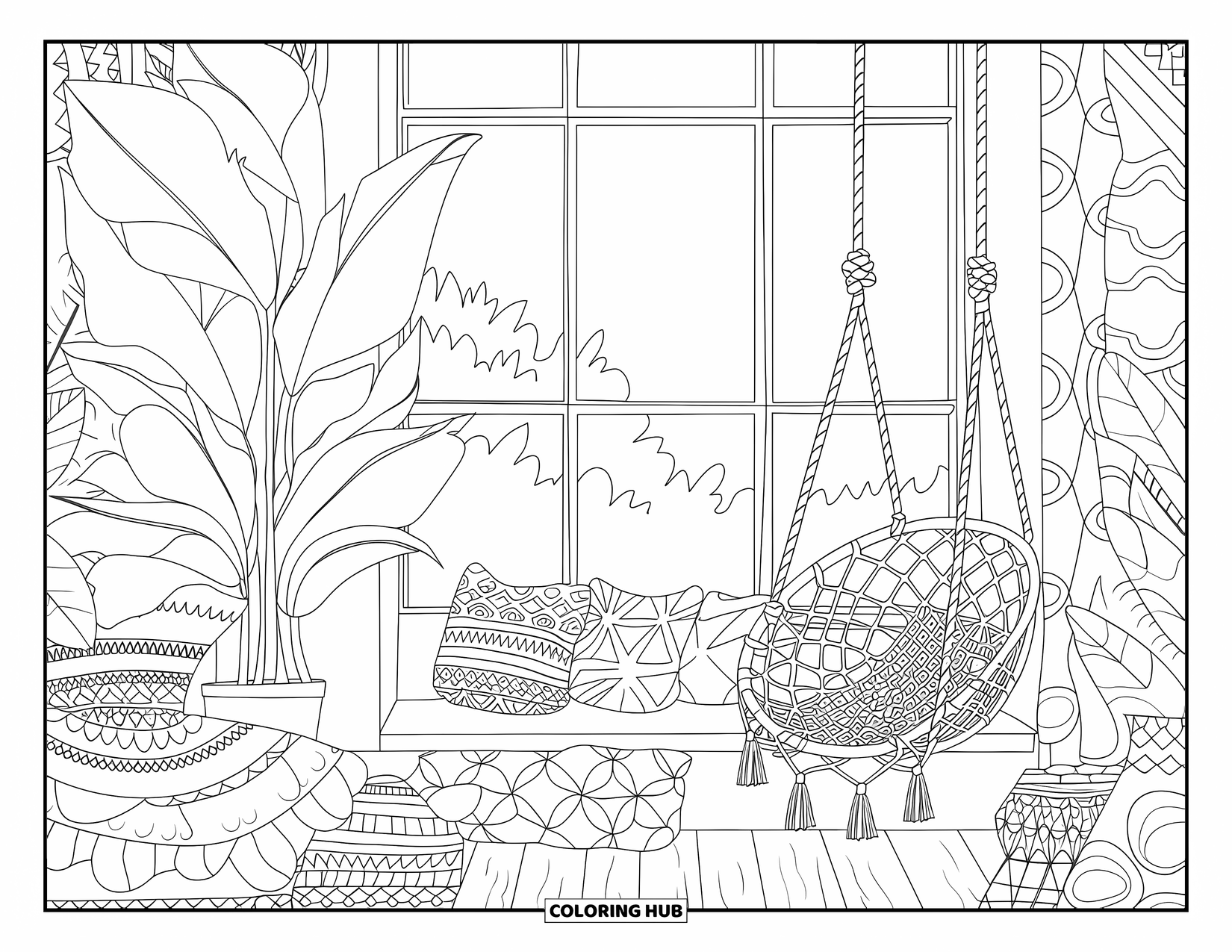 Cozy Coloring Page for Adults: A hammock chair with crochet sits among plants, patterns, and sunlit decor