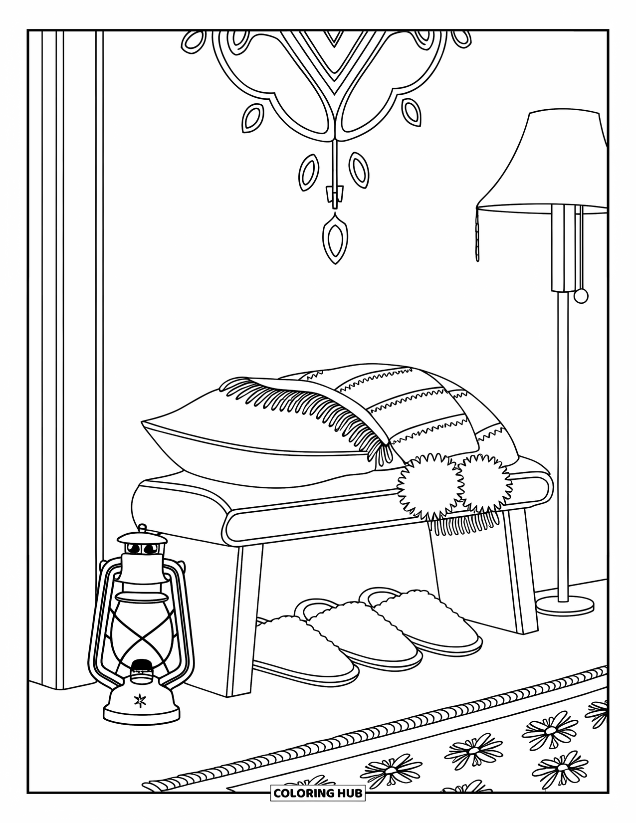 Cozy Coloring Page for Adults: A peaceful bedroom corner with a lantern, soft throws, slippers, and earmuffs