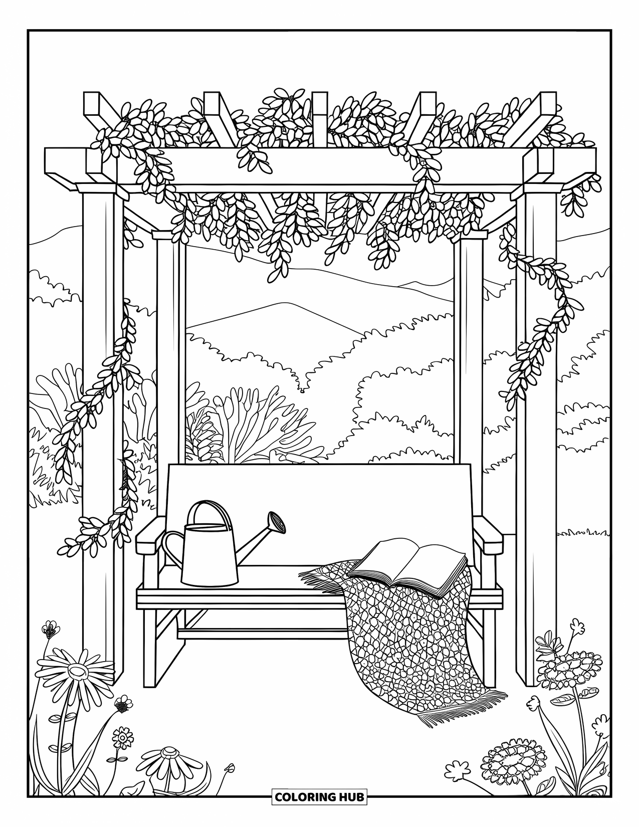 Cozy Coloring Page for Adults: A peaceful pergola garden nook with flowers, a bench, book, and watering can