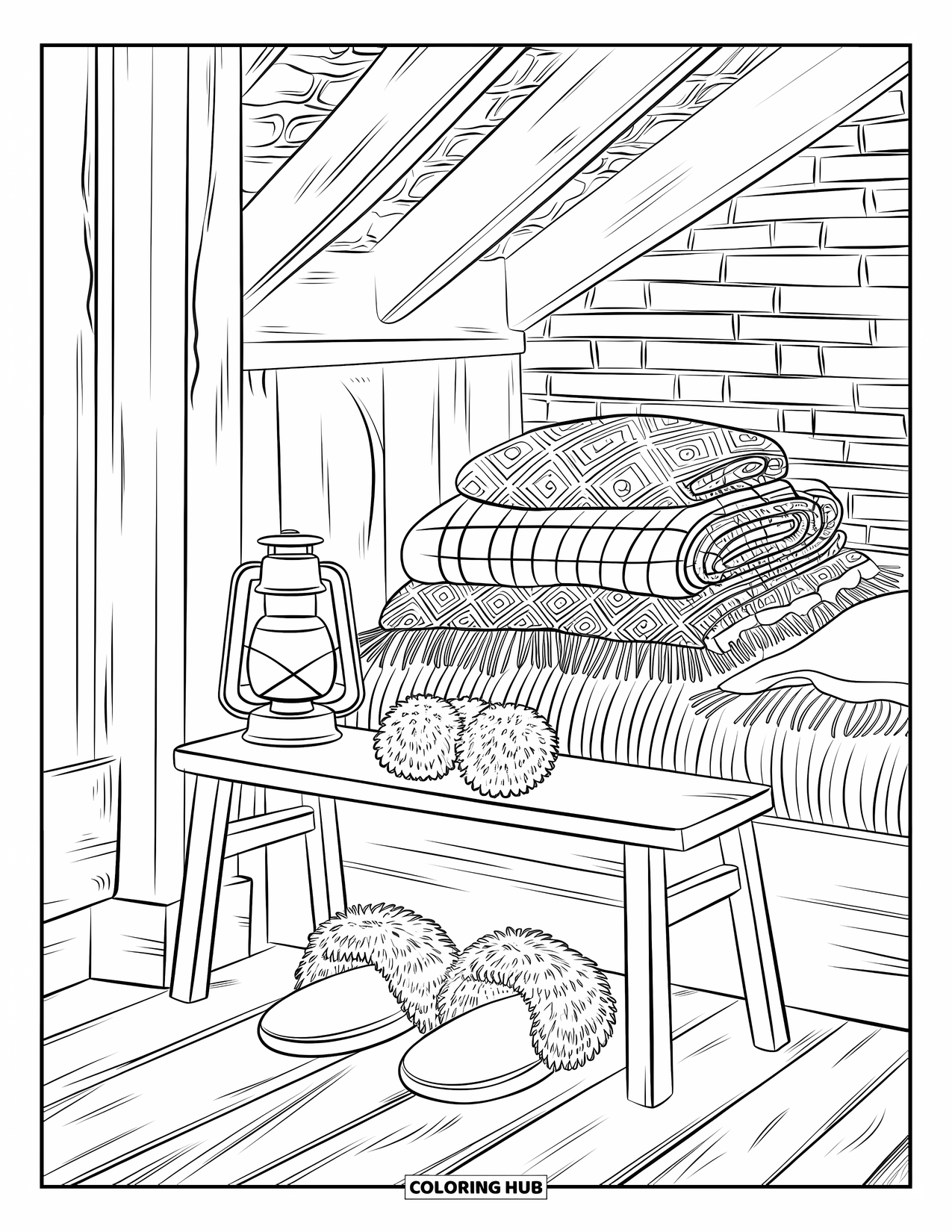 Cozy Coloring Page for Adults: A rustic bedroom scene with fuzzy earmuffs, slippers, throws, and a glowing lantern