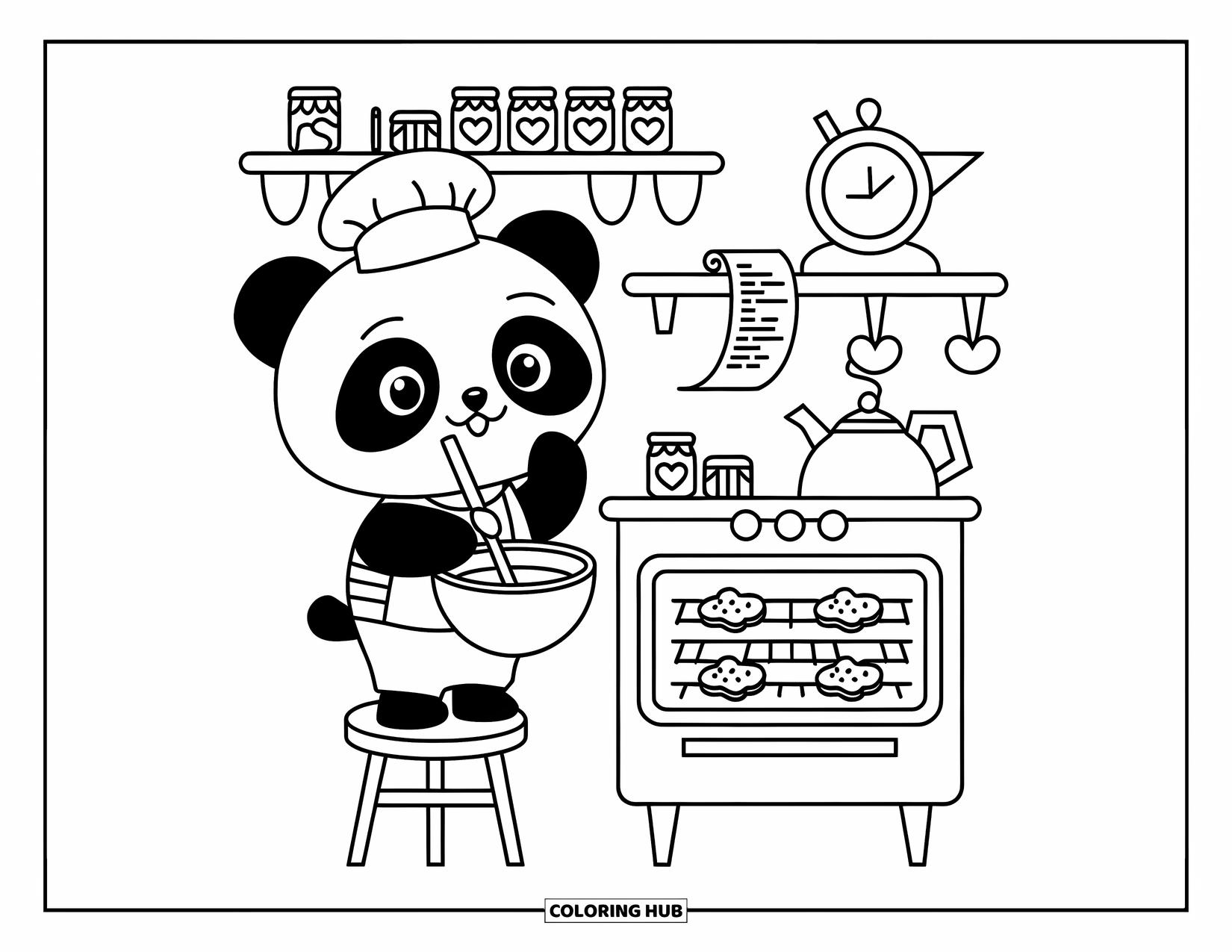 Cozy Coloring Page for Adults: A smiling panda chef mixes batter while cookies bake and jam jars line the shelves