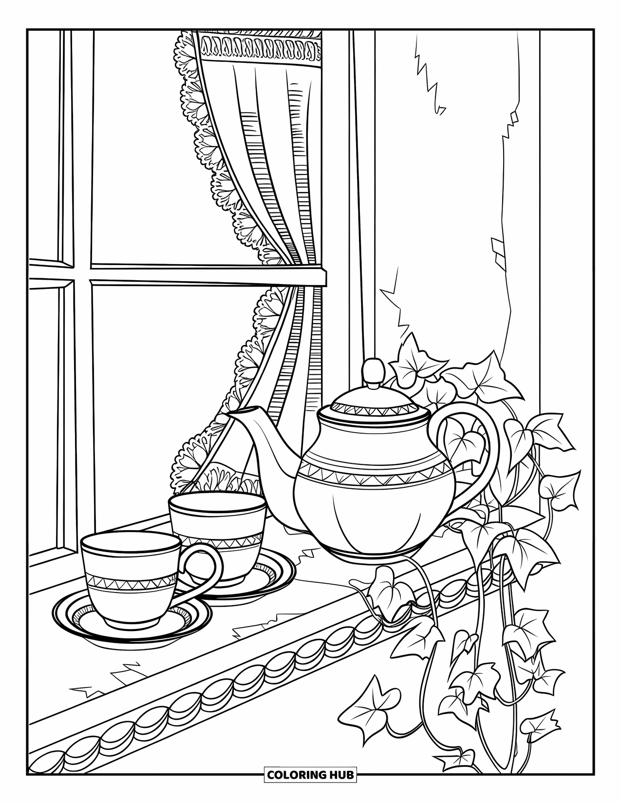 Cozy Coloring Page for Adults: A teapot set and two cups rest on a windowsill beside lace curtains and ivy