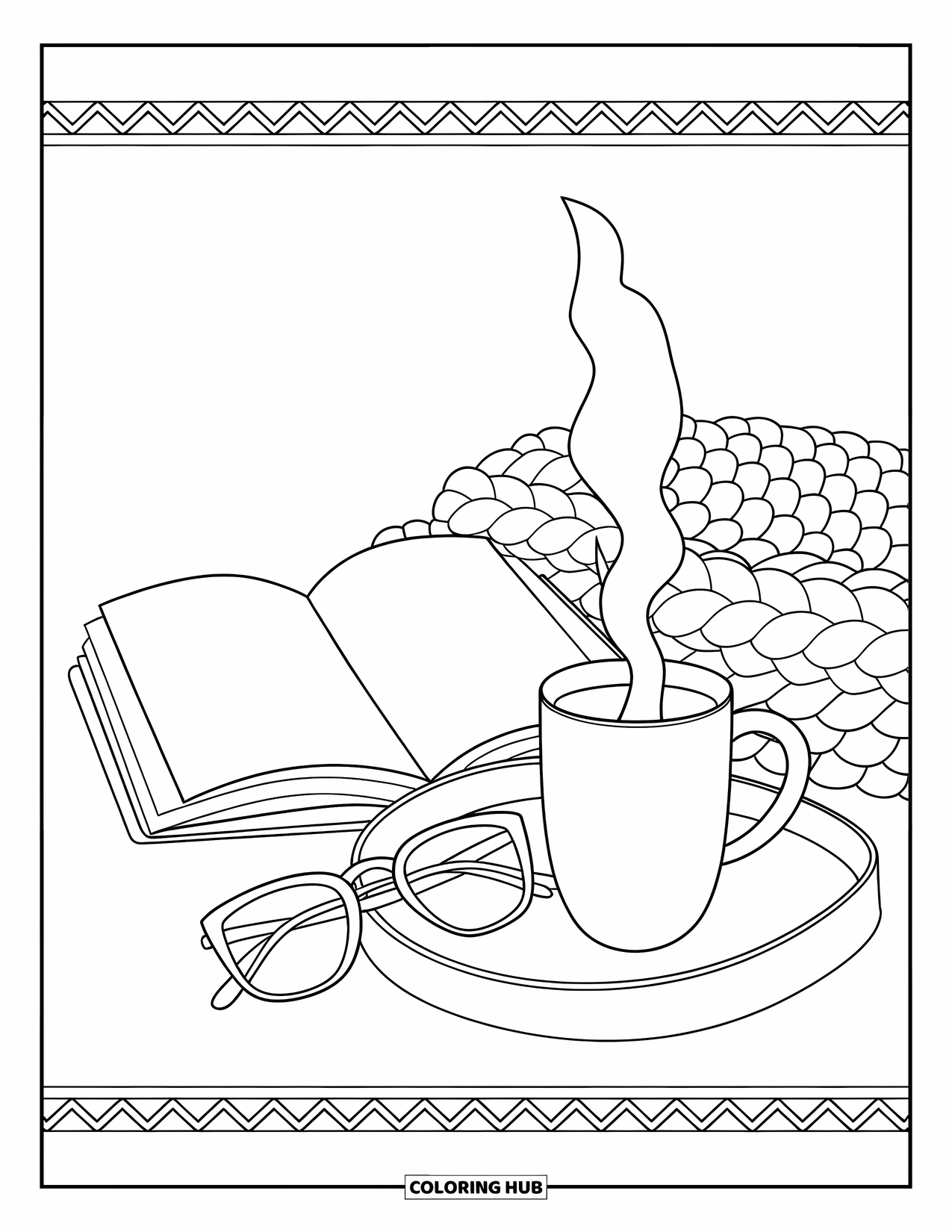 Cozy Coloring Page for Adults: Book and mug rest on a knit throw with glasses and a cozy decorative border