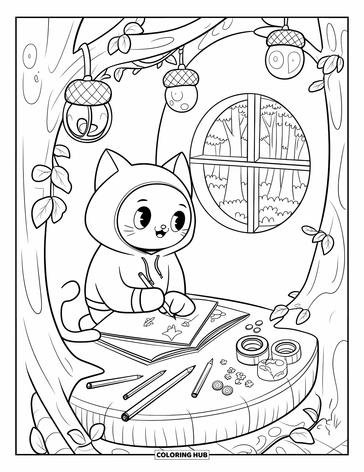 Cozy Coloring Page for Adults: Cat in a hoodie sketches in a cozy treehouse nook with lanterns and forest views