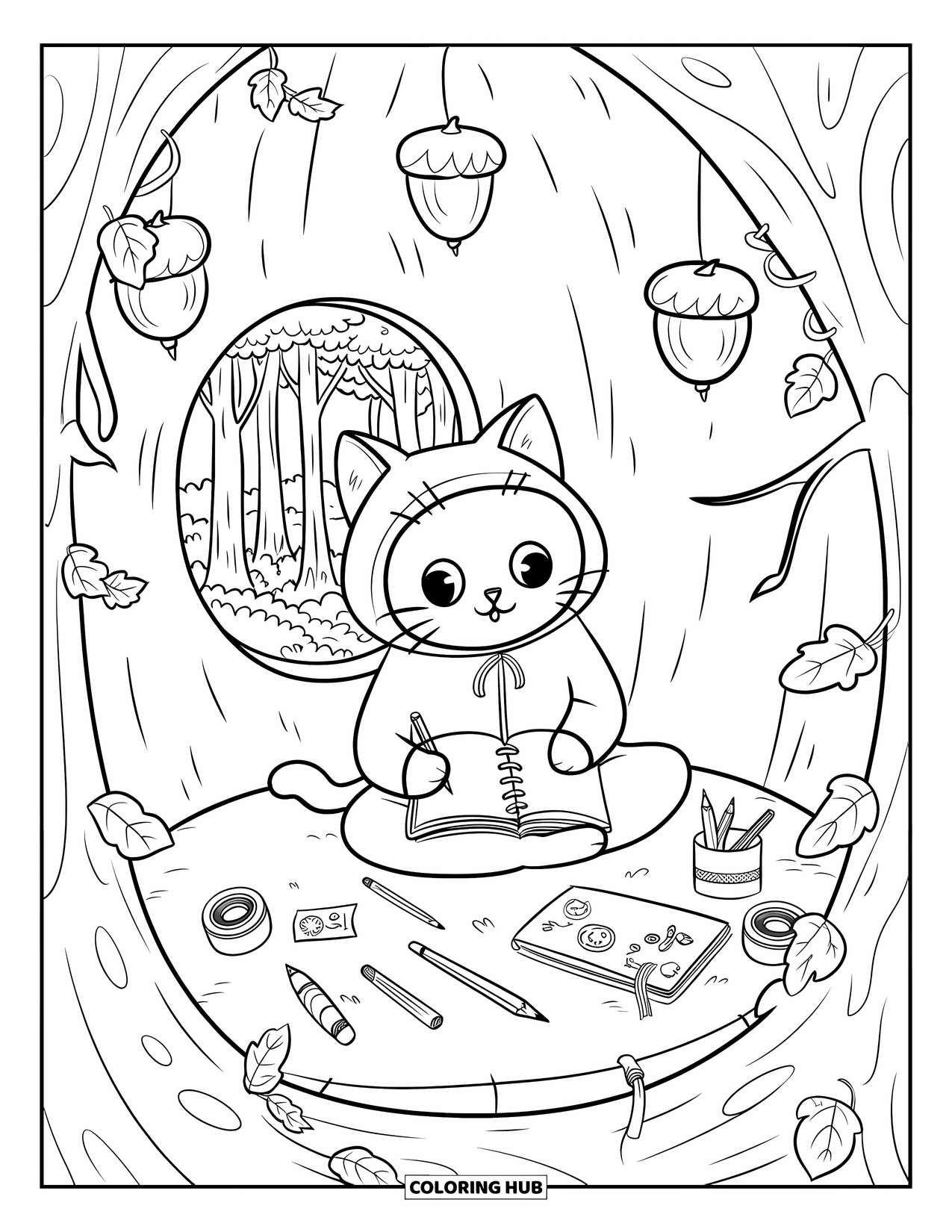 Cozy Coloring Page for Adults: Cat sits cross-legged in a treehouse sketching near a round window and art supplies