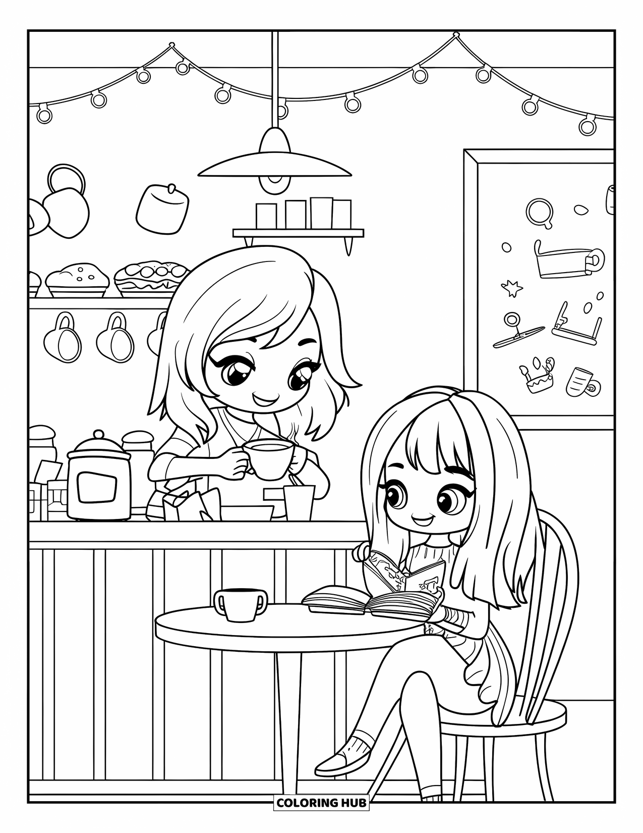 Cozy Coloring Page for Adults: Chibi girl makes tea behind a café counter while her friend reads at a nearby table