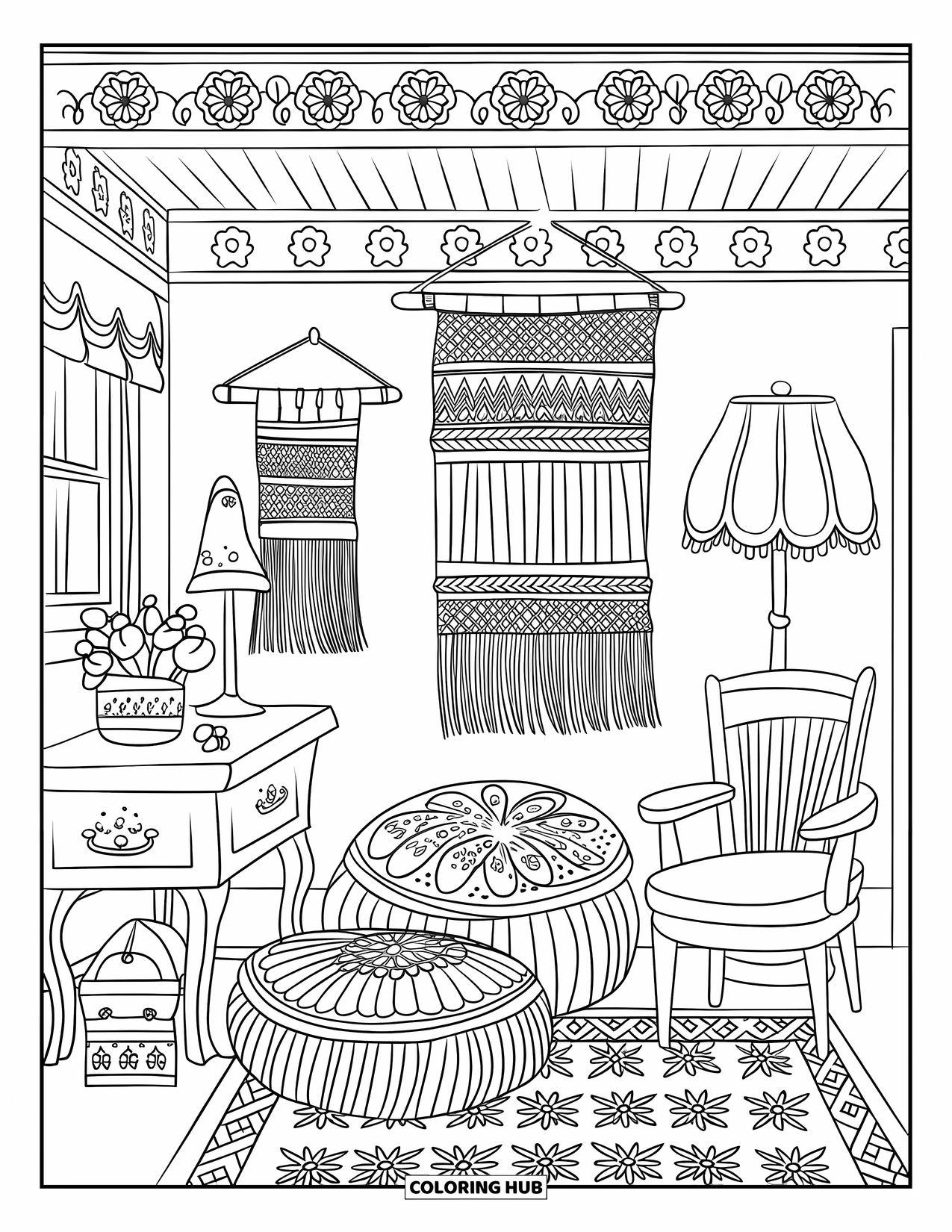 Cozy Coloring Page for Adults: Cottage room with patterned rug, woven wall decor, table, and cozy vintage touches