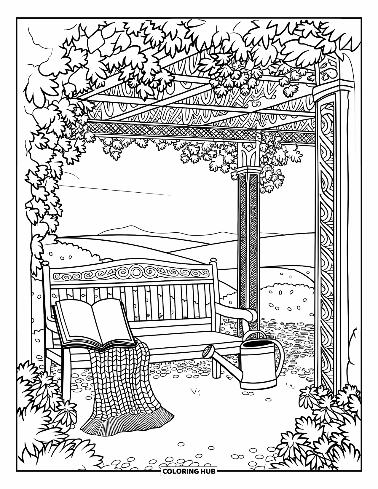 Cozy Coloring Page for Adults: Garden nook under a floral pergola with a bench, book, shawl, and pebbled ground