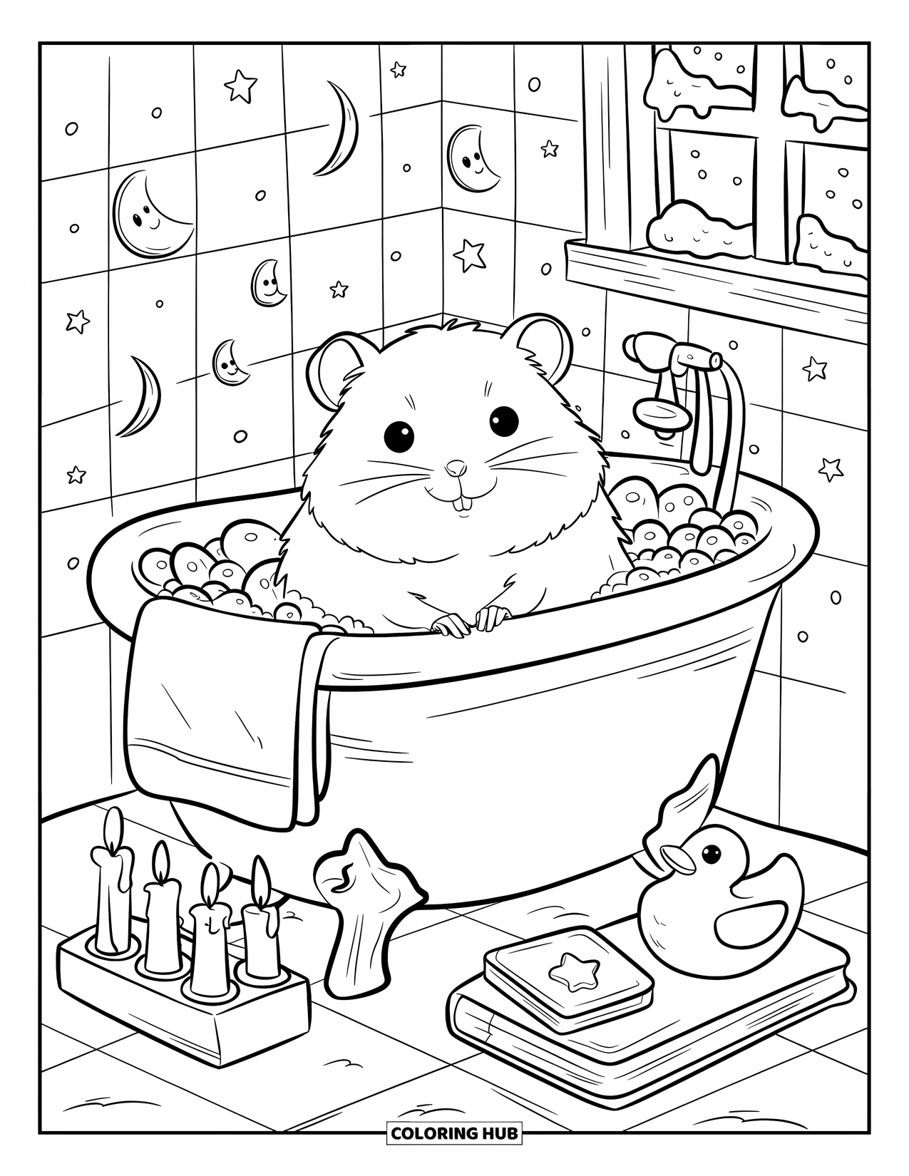 Cozy Coloring Page for Adults: Hamster relaxes in a teacup tub with bubbles, candles, and snowfall outside the window