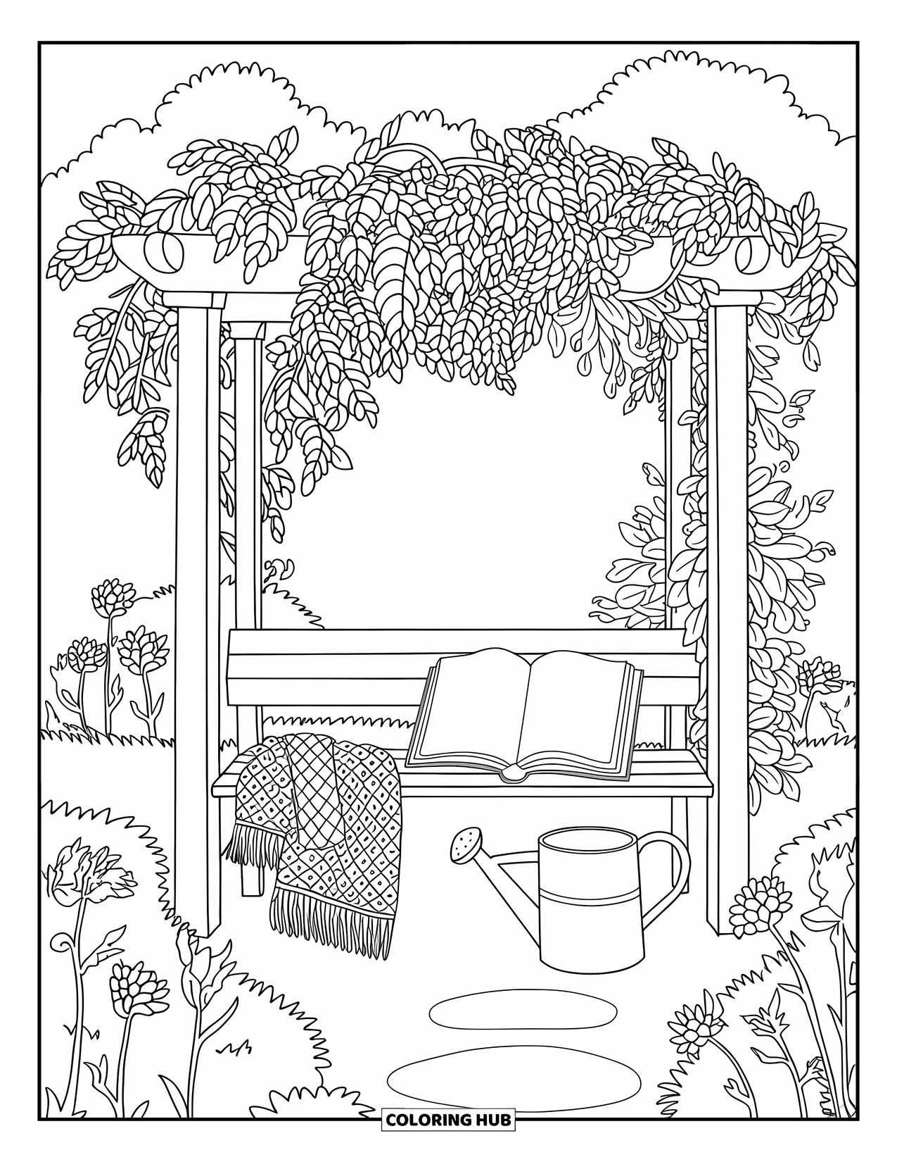 Cozy Coloring Page for Adults: Leafy pergola shades a bench with a book, shawl, and watering can