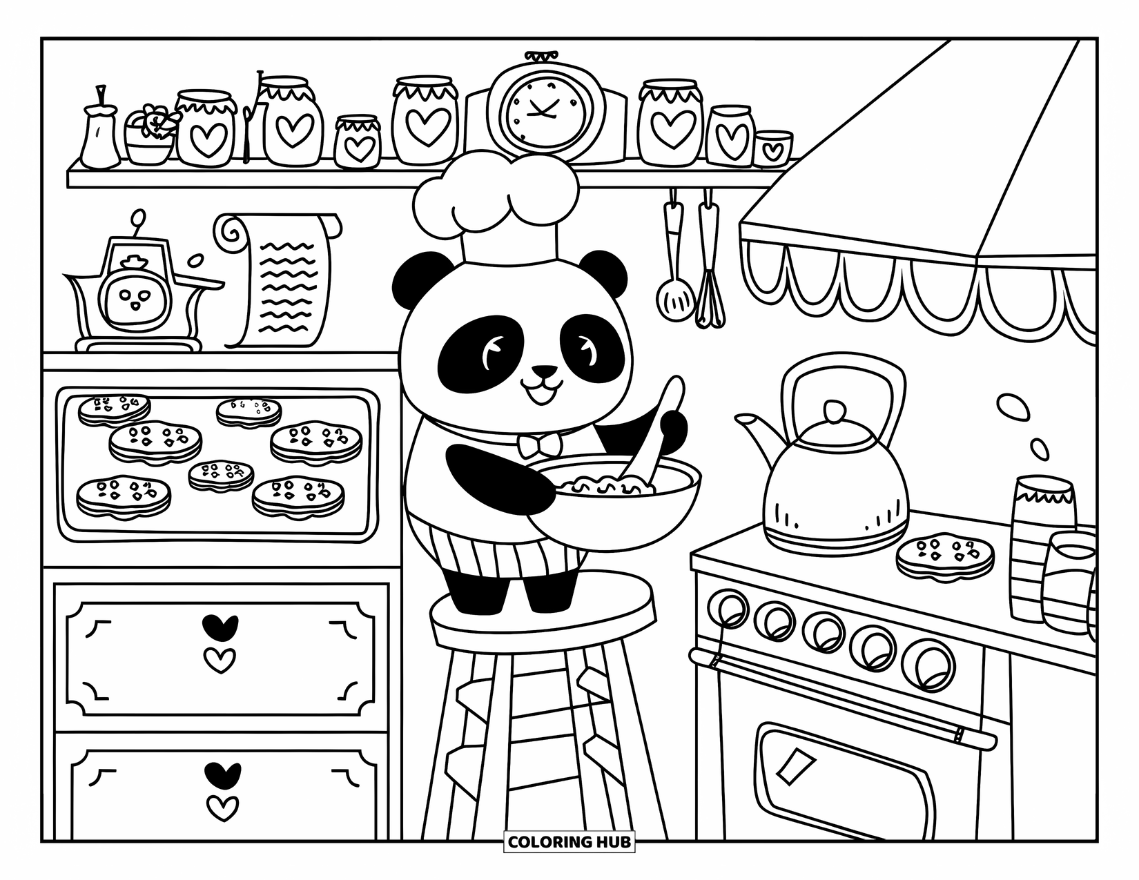 Cozy Coloring Page for Adults: Panda chef stirs a bowl on a stool while baking heart and star cookies with joy