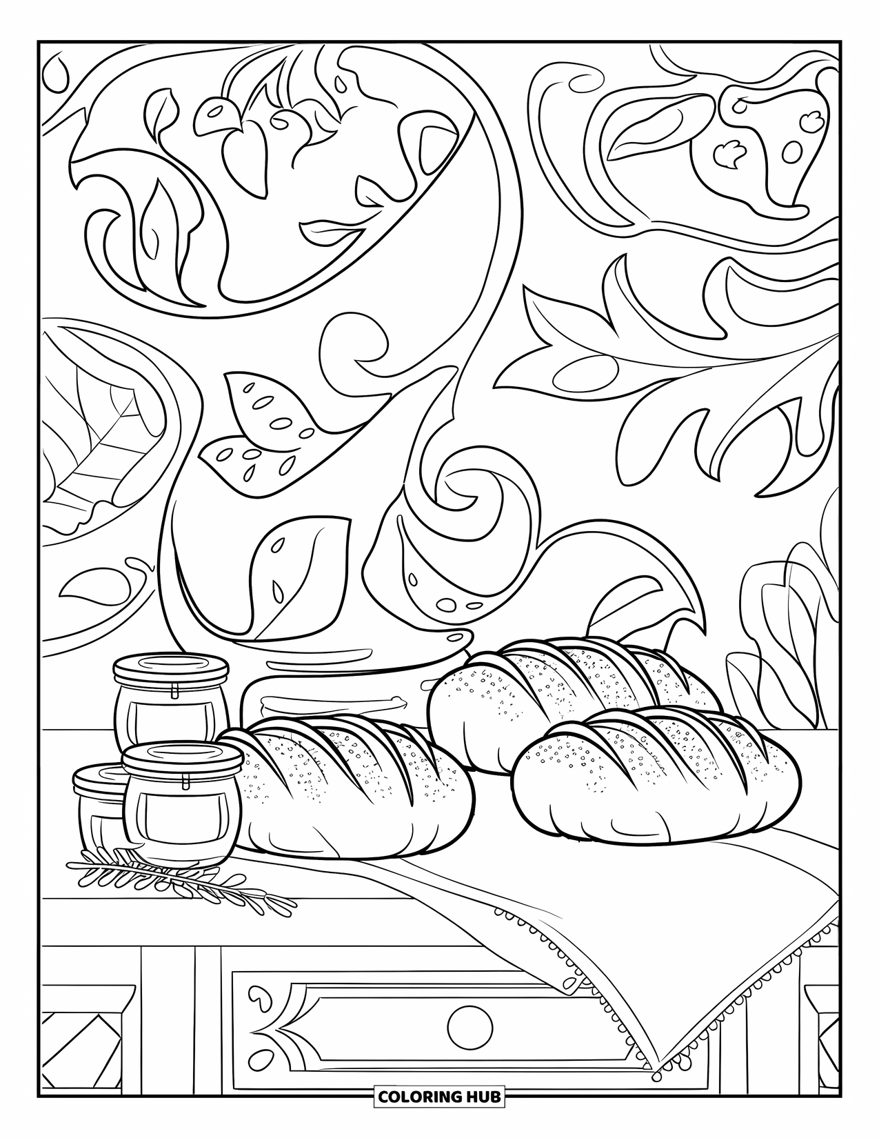 Cozy Coloring Page for Adults: Still life with bread, jam, a towel, and swirling background patterns