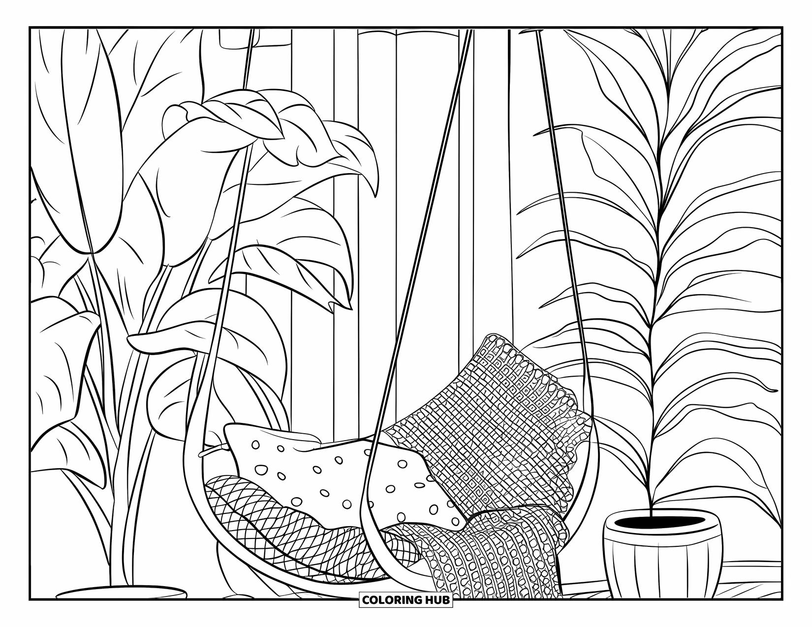 Cozy Coloring Page for Adults: Sunlit room with plants, a patterned cushion, and a hammock chair holding crochet