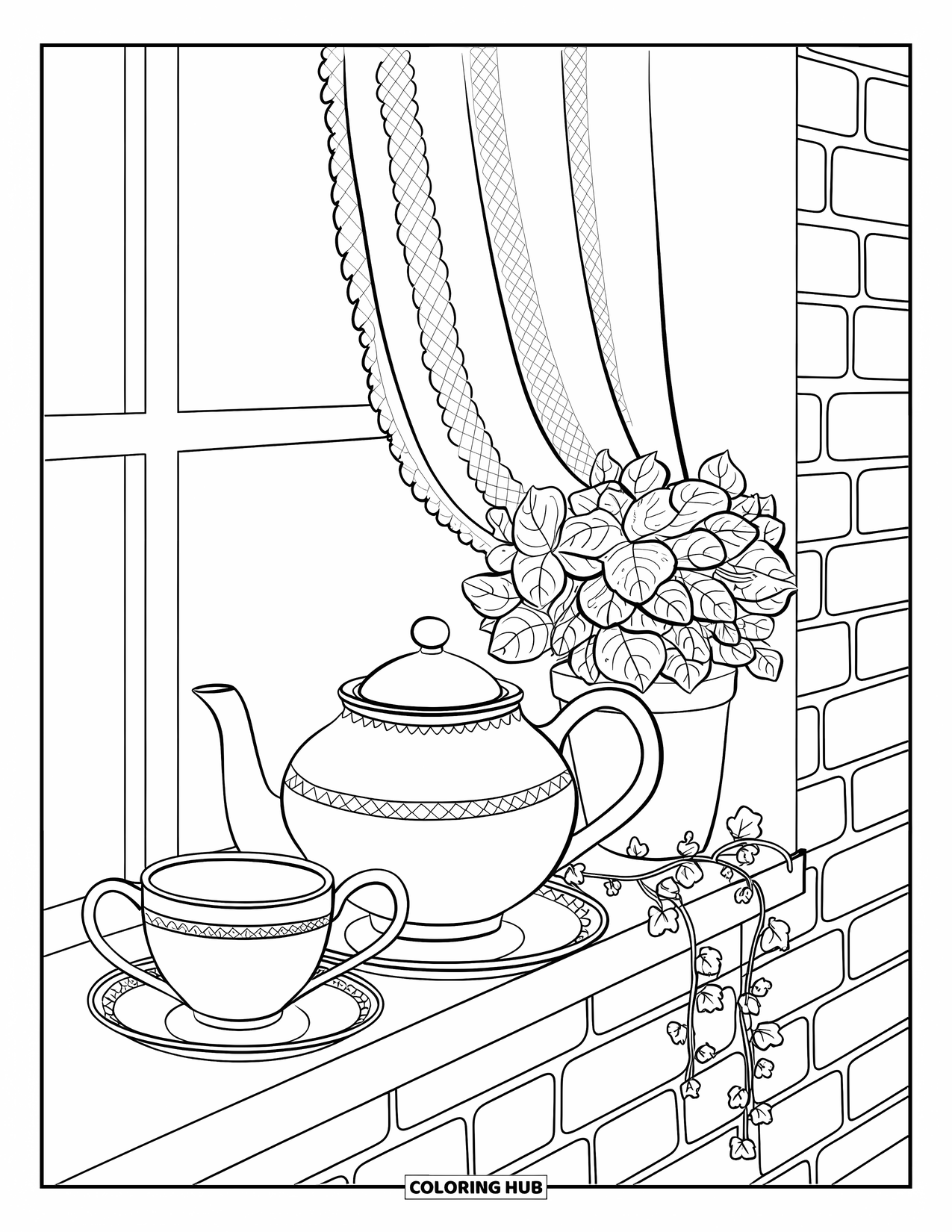 Cozy Coloring Page for Adults: Teapot and cups on a windowsill with ivy, lace curtain, and a brick wall view