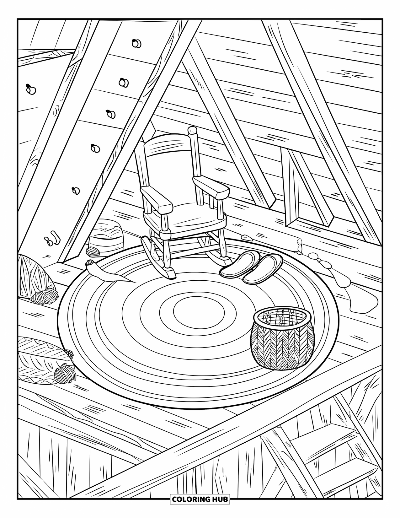 Cozy Coloring Page for Adults: Top-down view of a warm cabin loft with a chair, yarn basket, and ladder