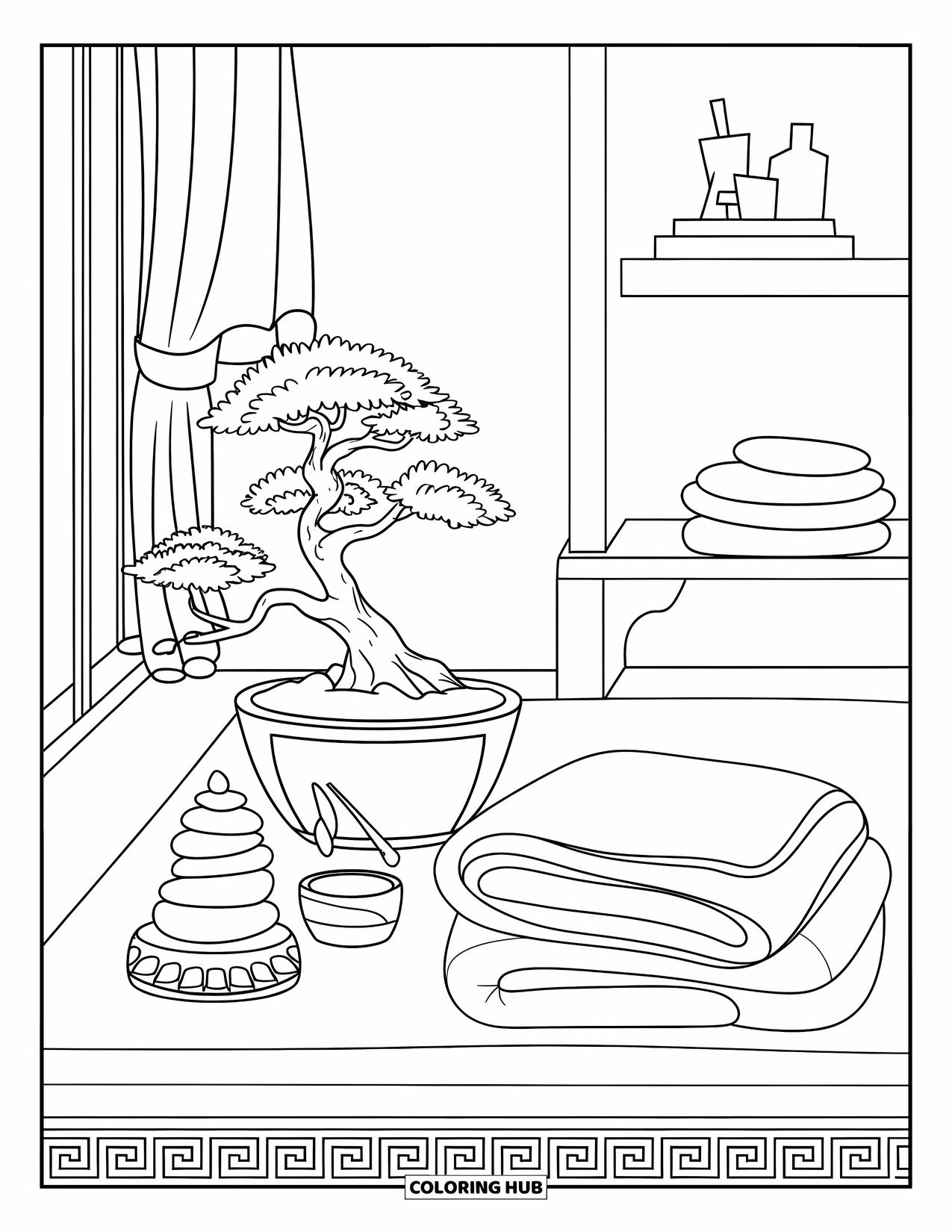 Cozy Coloring Page for Adults: Tranquil spot near a window with bonsai, incense, stones, and a folded blanket