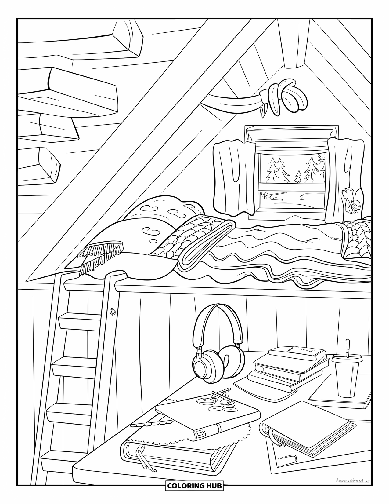 Cozy Coloring Page for Kids: A cabin loft scene with books, headphones, warm drinks, and a window view of trees